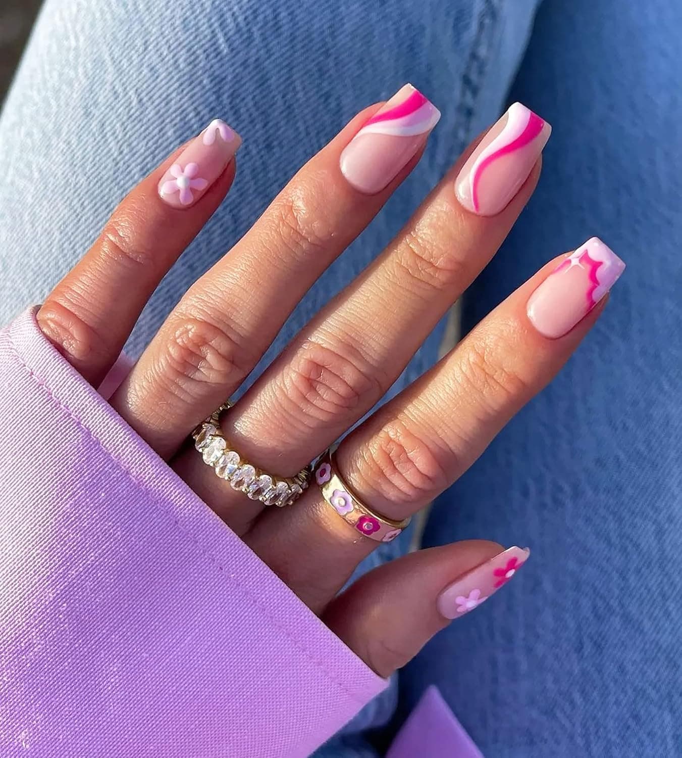 24 Pcs Acrylic Press on Nails Short | Medium, Glue on Nails for Women, Fake Nails with Glue (Pink Swirl Flower)