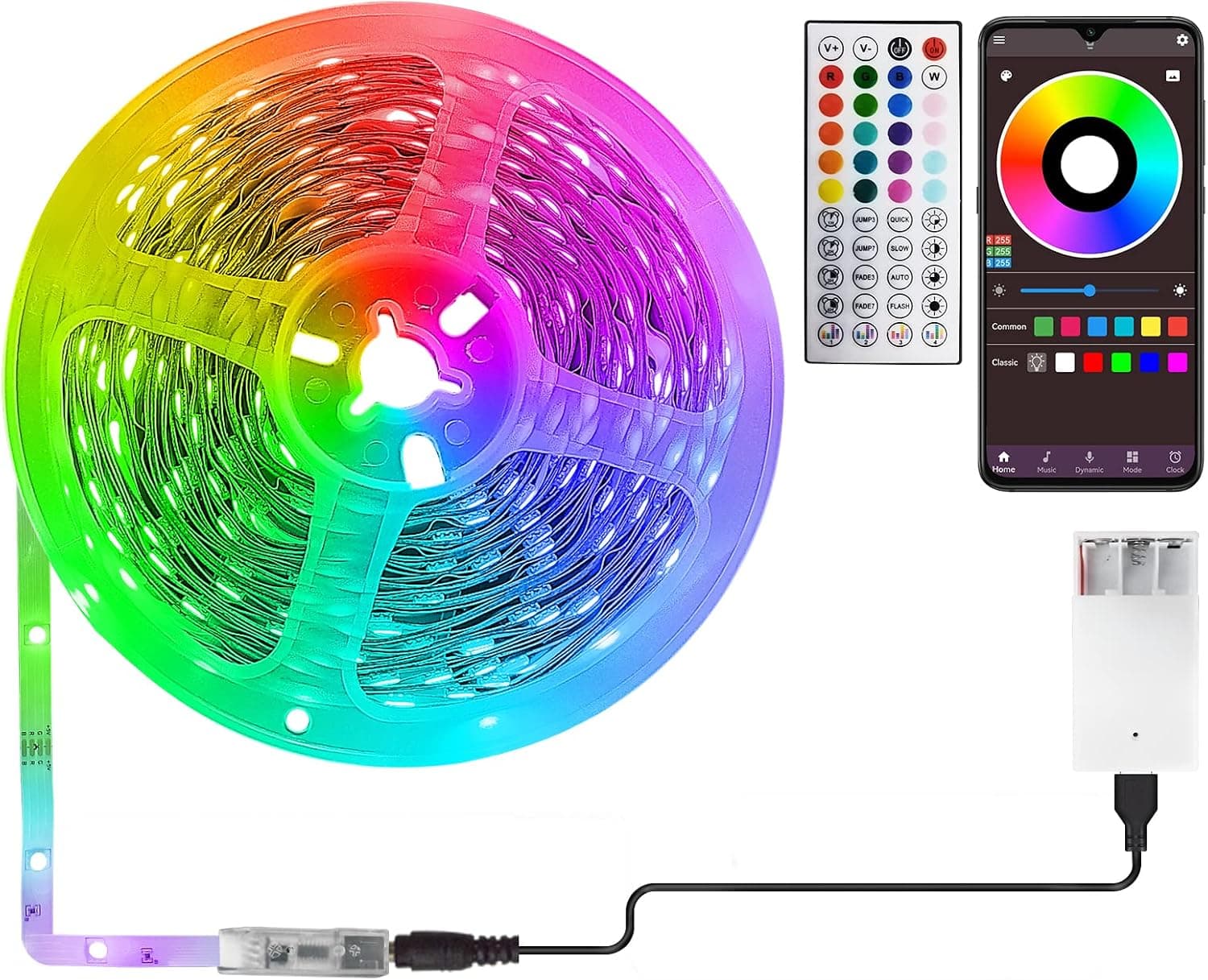 RUISHINE Led Strip Lights Battery Powered, 32ft USB Led Light Strip with Music Sync App Control Remote, RGB Color Changing Battery Operated LED Lights for Bedroom, TV, Home and DIY Decoration