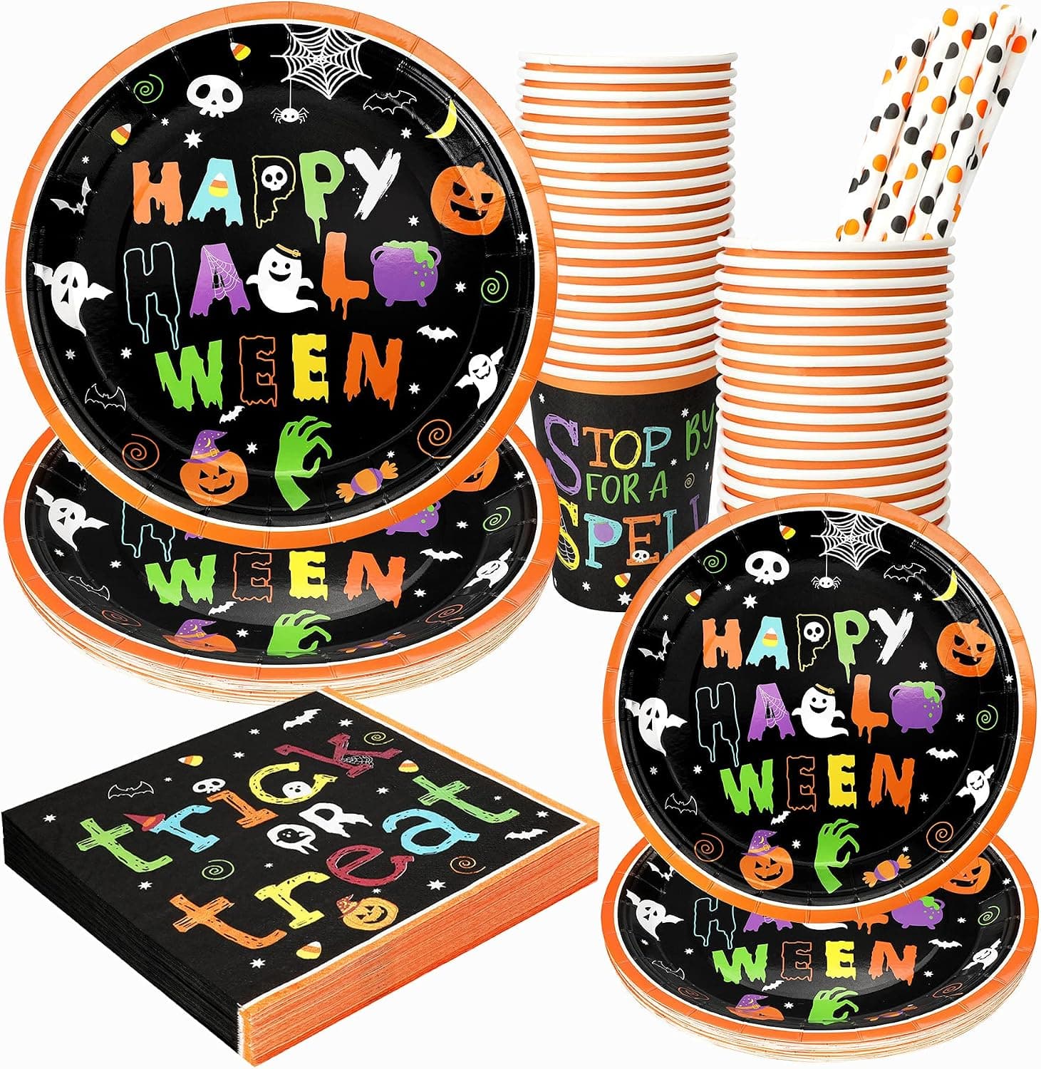 Halloween Plates and Napkins Set, 24 Pack Disposable 7” and 9” Paper Plates with Napkins, Dessert Plates, Cups and Straws, Halloween Kids Party Supplies Decoration