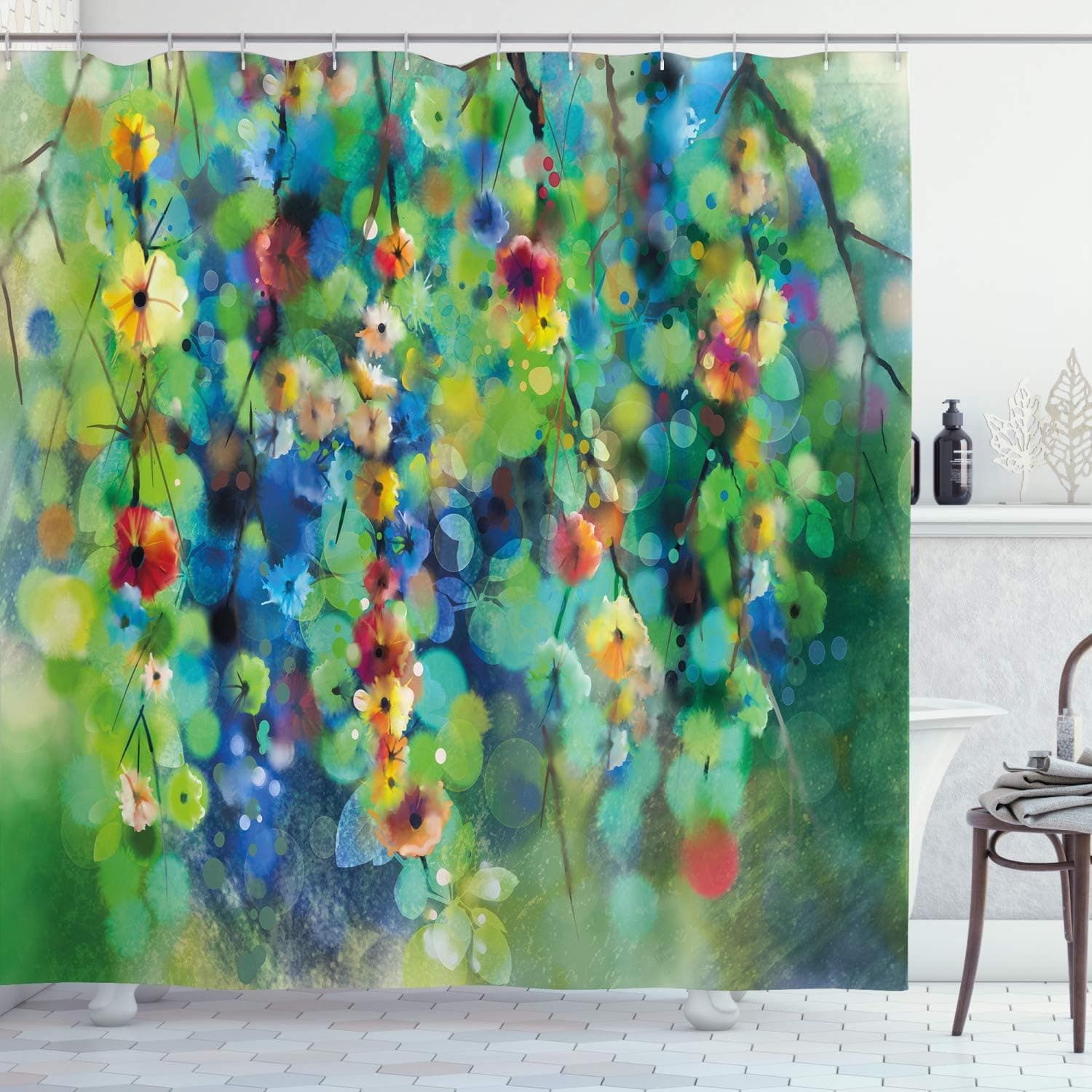 Ambesonne Flower Shower Curtain, Vibrant Colored Blooms Clusters Down from Branch Spring Season Birth Season Image, Cloth Fabric Bathroom Decor Set with Hooks, 69" W x 70" L, Green Blue