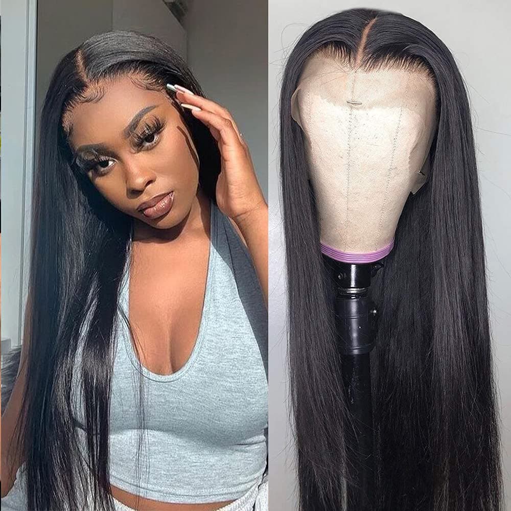 Kloiynj Straight Human Hair Lace Front Wigs 13 x 4 Lace Frontal Human Hair Wigs For Black Women 150% Density Brazilian Virgin Human Hair Pre Plucked With Baby Hair (16 Inch, 13x4 Straight Wig)