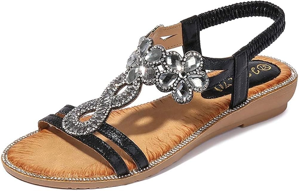 Meeshine Women's Summer Floral Rhinestone Flat Sandals Comfortable T-Strap Casual Bohemian Beach Shoes