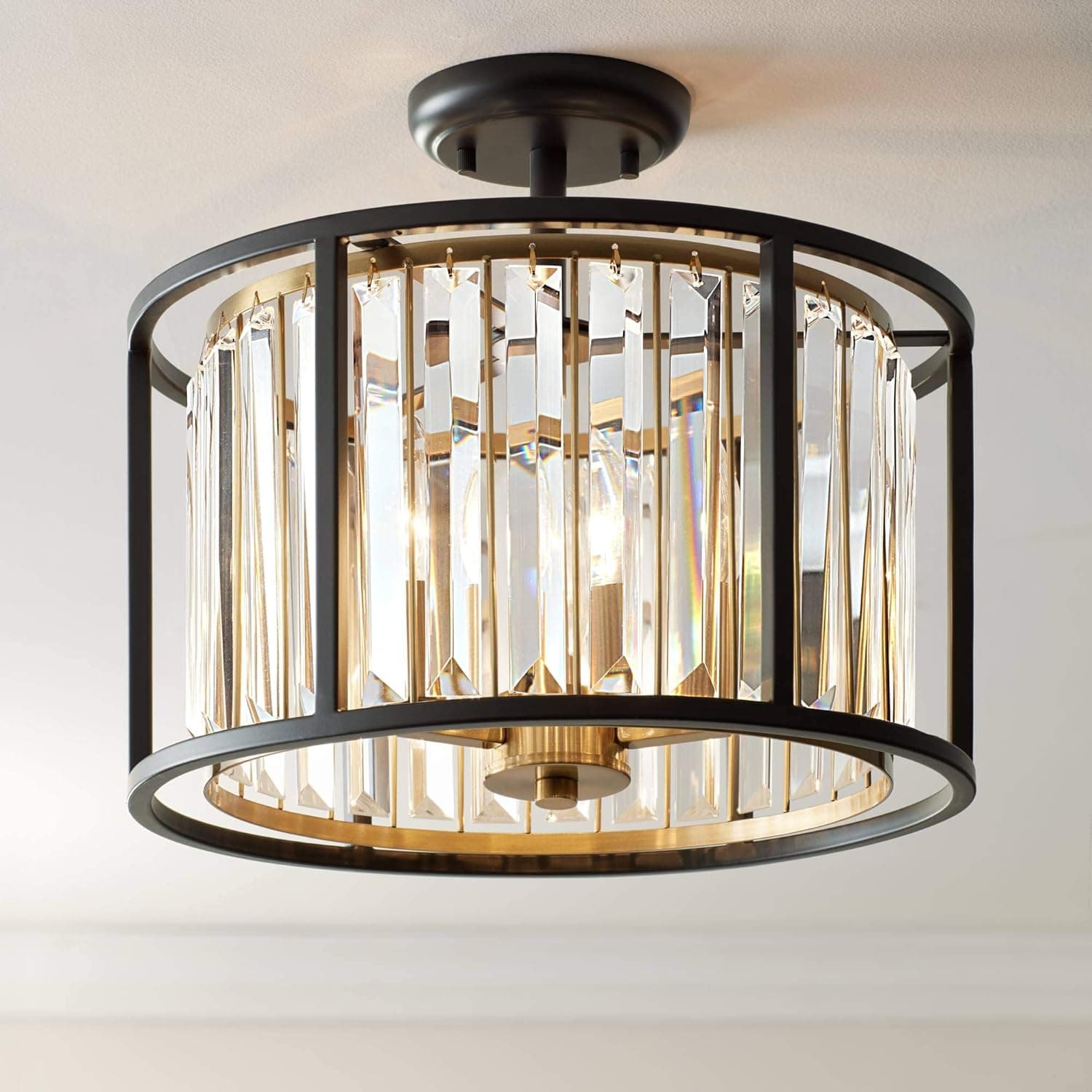 Possini Euro Design Milne Modern Ceiling Light Semi Flush Mount Fixture 14" Wide Bronze Outer Brass Inner Cage Frame Clear Crystal for Bedroom Kitchen Living Room Hallway Bathroom House Dining