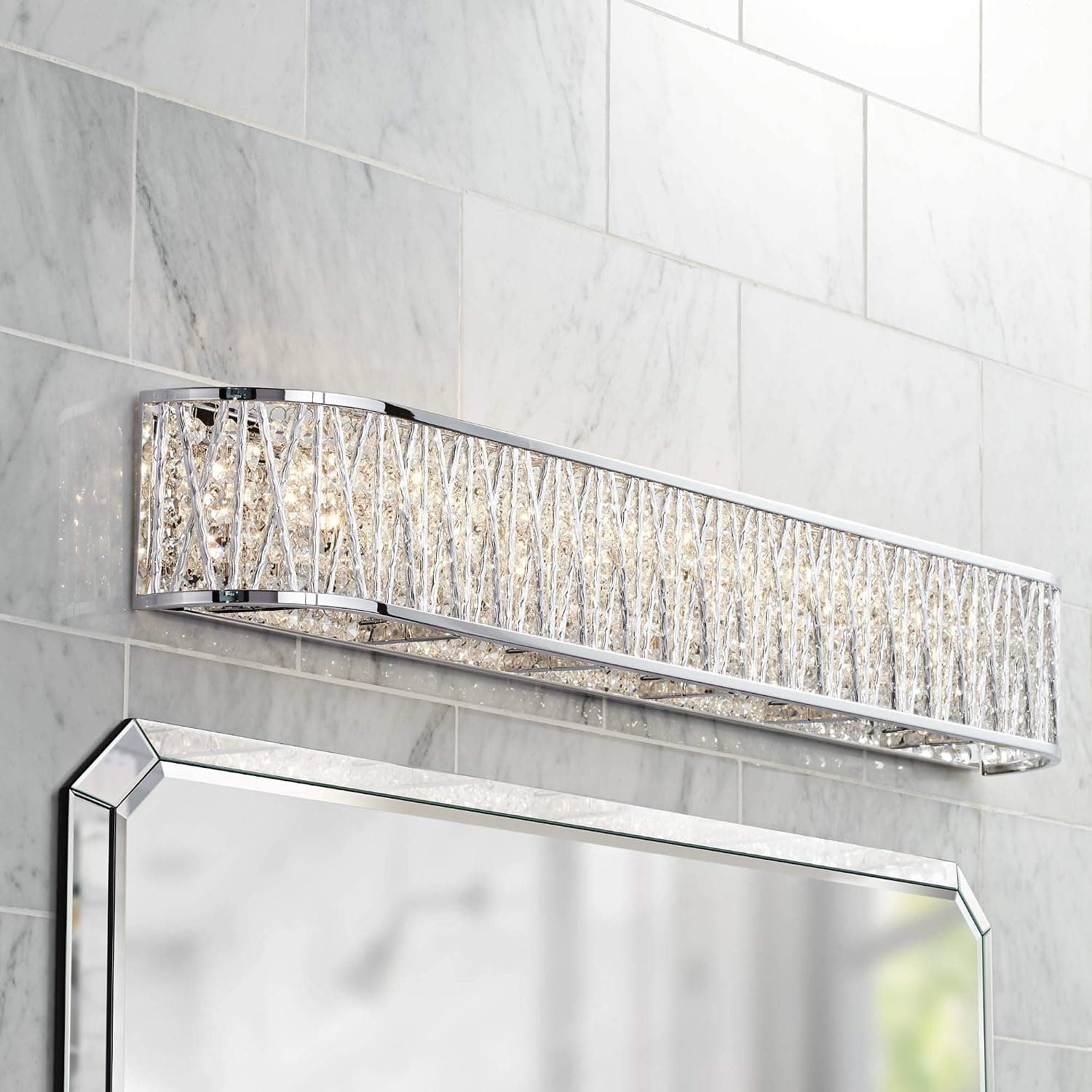 Possini Euro Design Woven Laser Cut Modern Wall Light Chrome Silver Metal Hardwired 36" Wide Light Bar Fixture Mounted Clear Crystal Accents for Bathroom Vanity Mirror House Home Hallway Room Decor