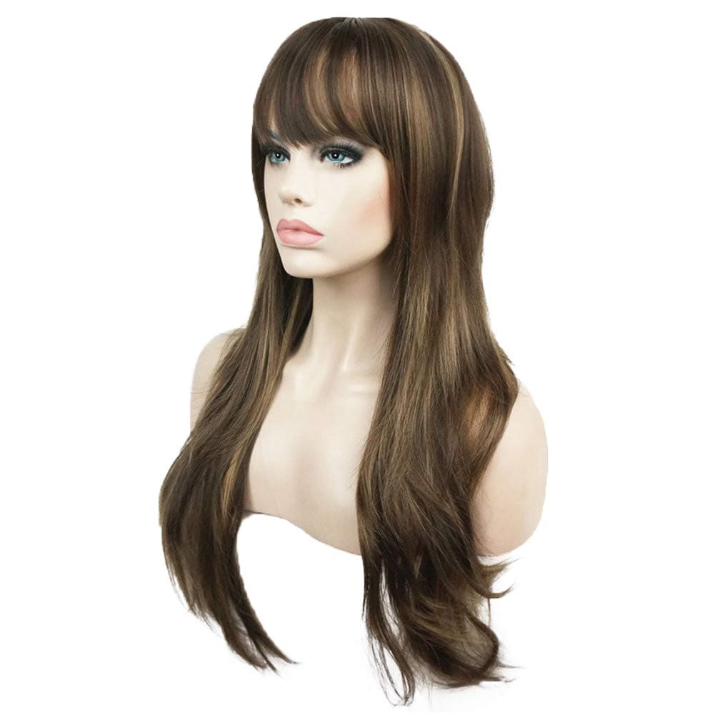 Aimole Women's Wig Long Straight Layered Wig Brown with Blonde Highlights Synthetic Full Wigs 24 Inches