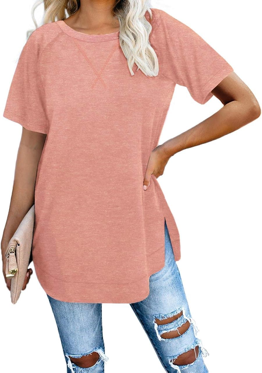 Jescakoo Plus Size Shirts for Women Short Sleeve Boat Neck Casual Tunic Tees Tops Coral 2XL