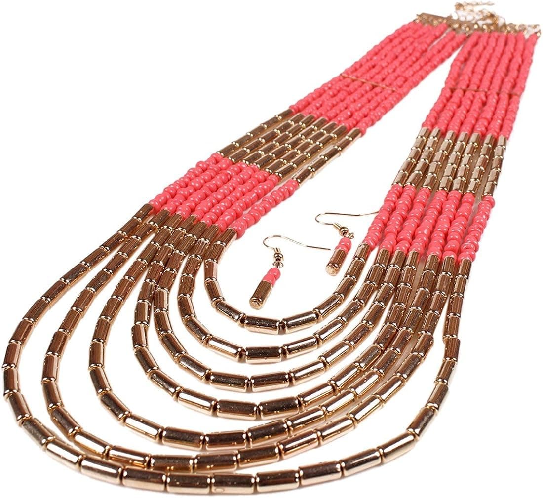 QIYUN.Z Multiple Rows Torsade Gold Turquoise Blue Small Beaded Bib Necklace Earrings