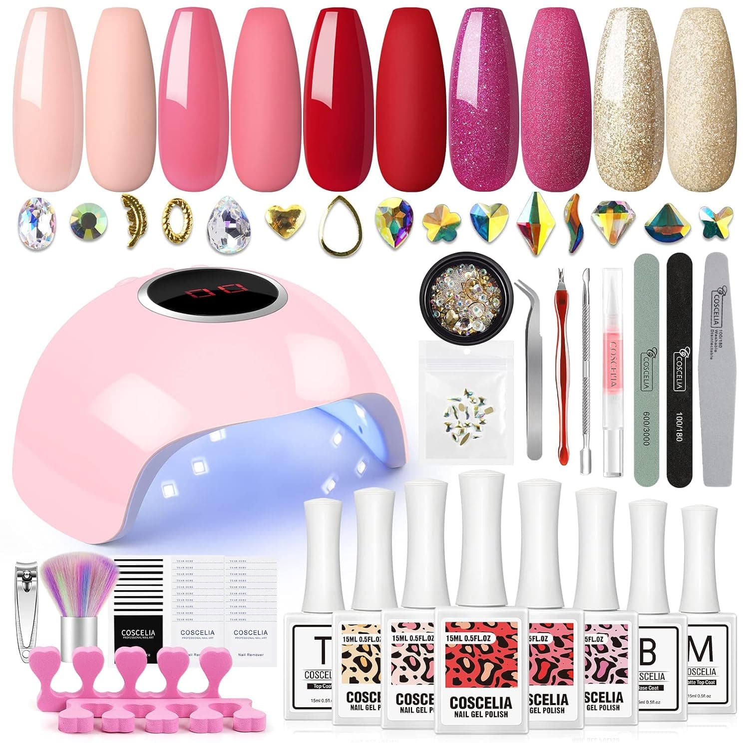 COSCELIA Gel Nail Polish Kit with U V Light 5 Colors Soak Off Gel Polish Set with Glossy/Matte Top Base Coat Gel Nail Art Tools & Decorations Set Gel Nail Kit for Beginners and Nail Salon