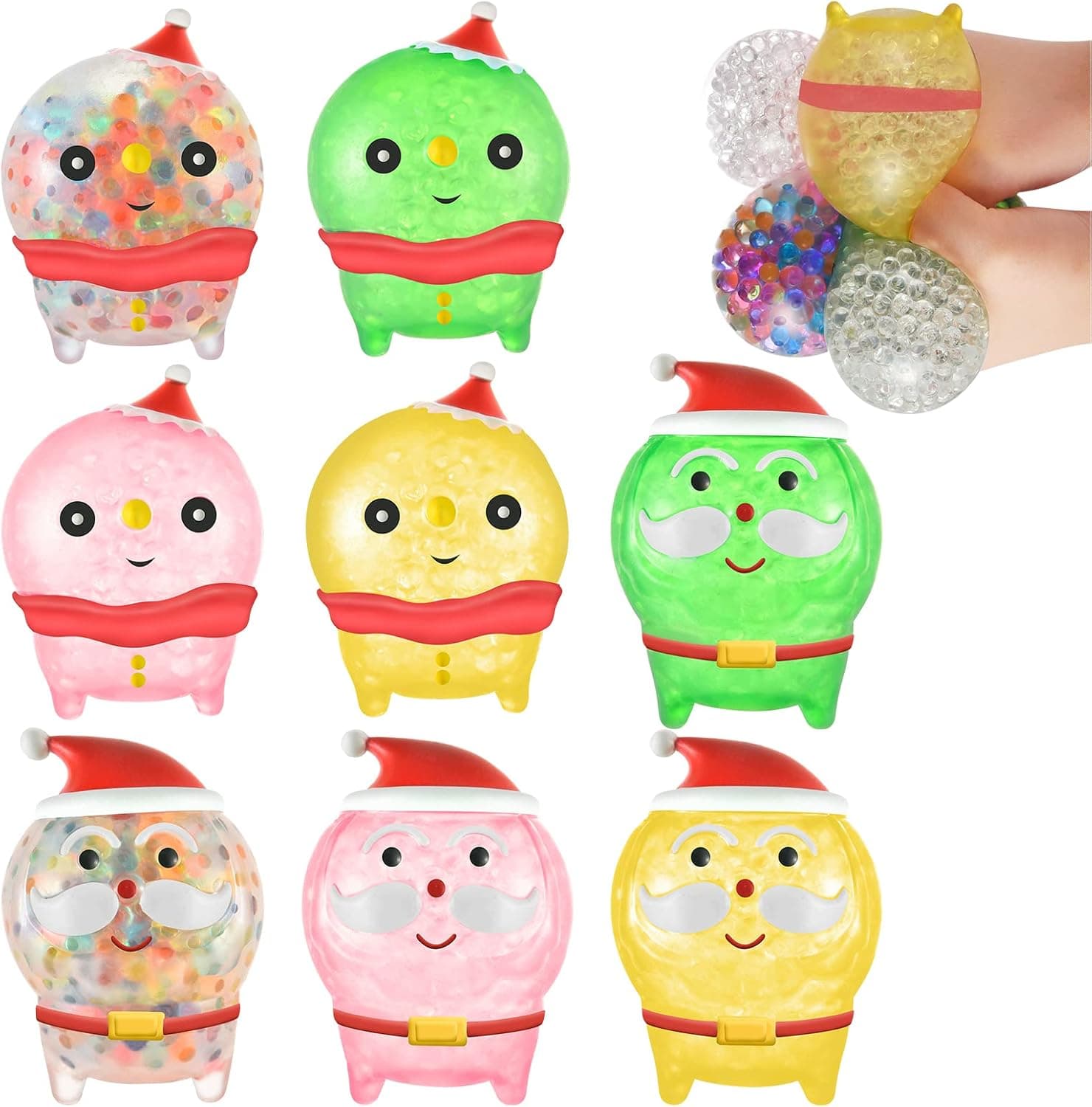 Christmas Stress Balls Toys Cute Santa Claus Snowman Squishy Fidget Toys for Kids, Sensory Squeeze Balls Filled with Water Beads, Christmas Party Favors Gift Classroom Rewards Sock Fillers (B-8PC)