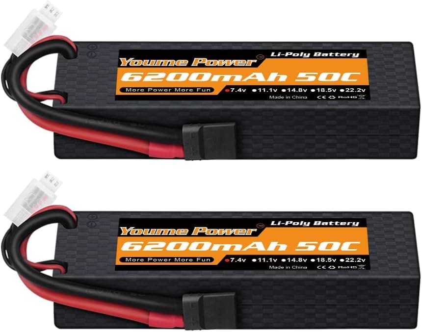 2packs RC Battery,2s Lipo Battery 7.4V 6200mah 50C Hard Case with Tr Plug for 1/10 and 1/8 Scale RC Buggy/Car/Truck, Boat, Heli and Drone