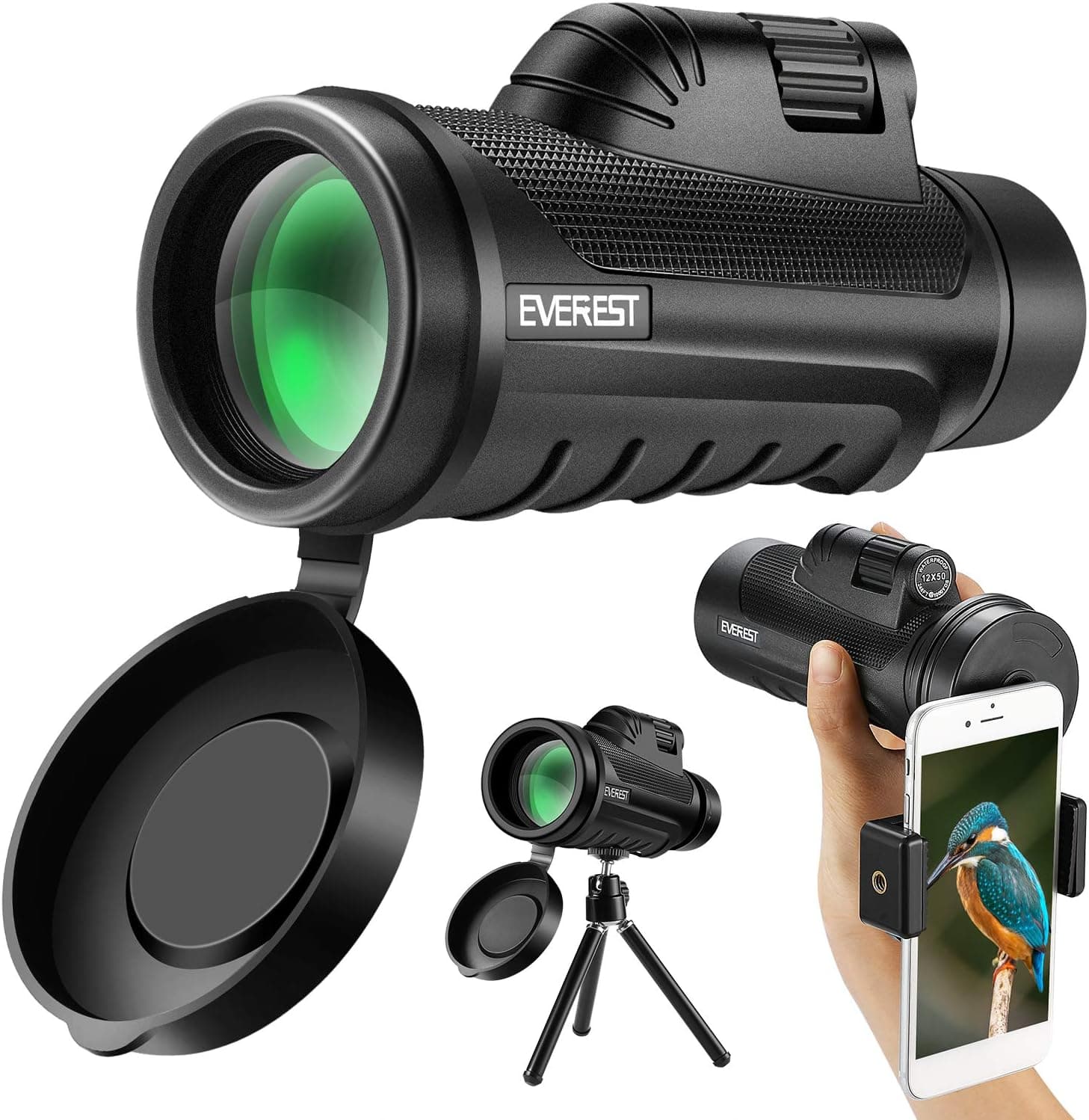 Eerest High Powered Monocular 12x50 with BAK4 Prism and FMC Coating for Smartphone Holder and Tripod, Telescope Perfect for Bird Watching Hiking Concerts Wildlife