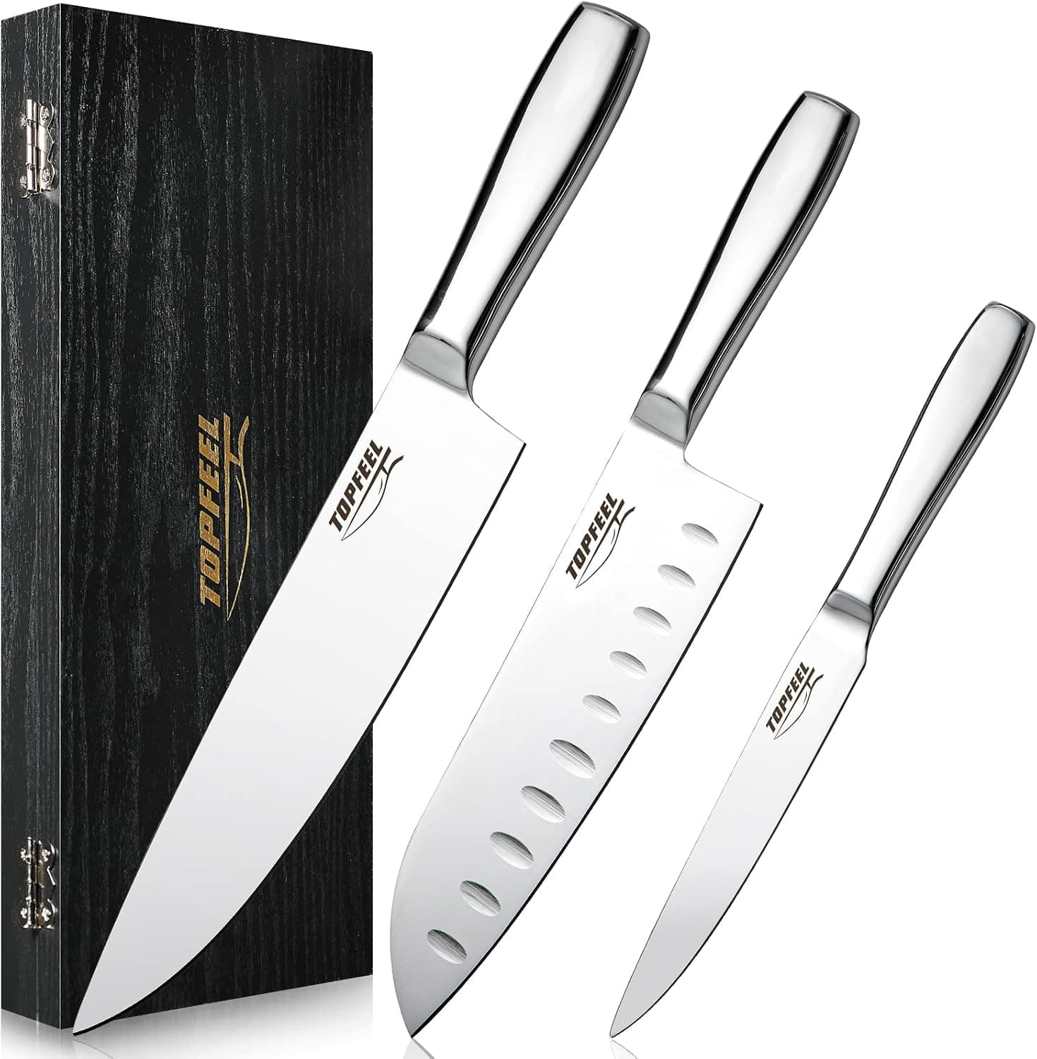 Topfeel Chef Knife Set Kitchen Knives, High Carbon Stainless Steel Knife Set 3PCS - 8" Chef Knife, 7" Santoku Knife, 5" Utility Knife with Wooden Gift Box
