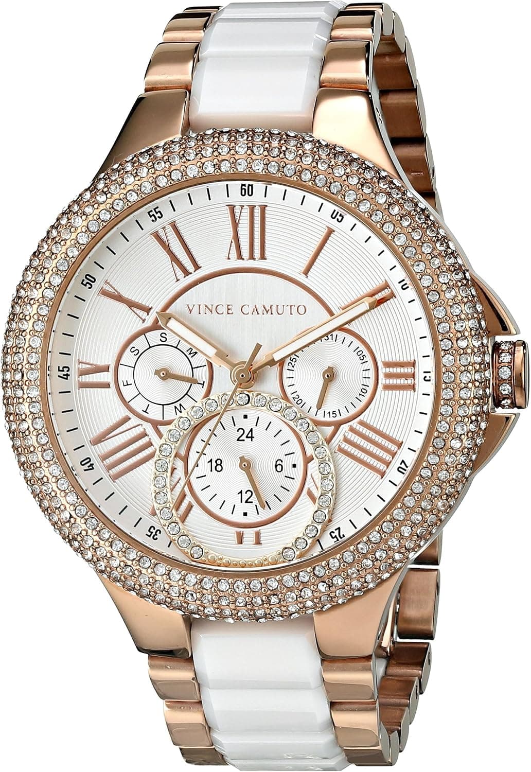 Vince Camuto Women's VC/5180WTRG Genuine Crystal Accented Multi-Function Rose Gold-Tone White Ceramic Bracelet Watch