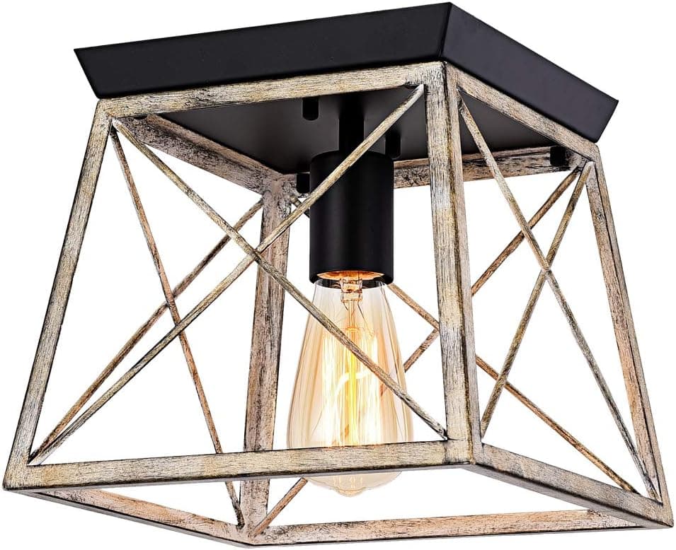 Pauwer Industrial Flush Mount Ceiling Light Farmhouse Rustic Metal Cage Close to Ceiling Lighting Fixture Faux Wood Paint