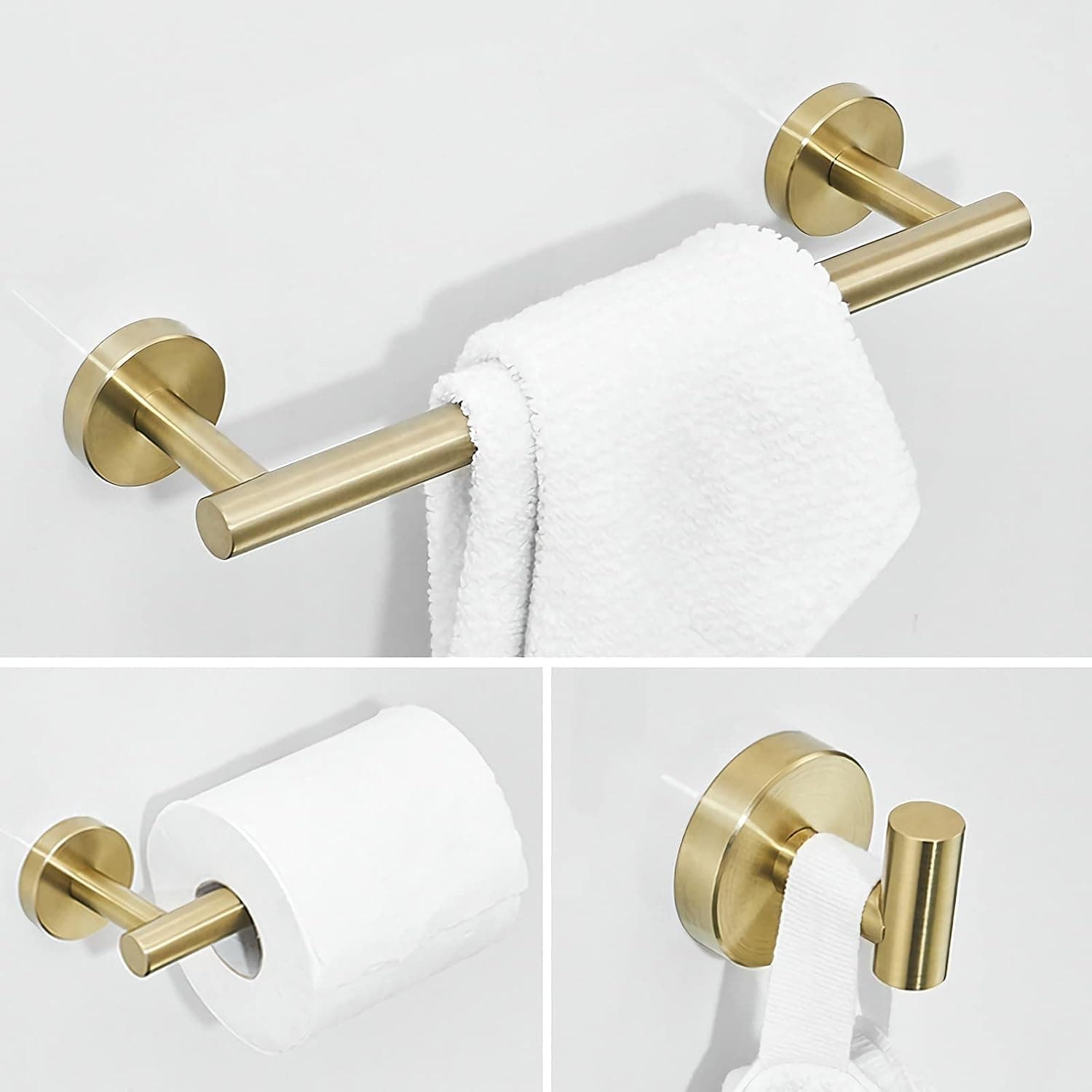 Wheanen 3-Pieces Bathroom Hardware Set Gold SUS304 Stainless Steel Wall Mounted Towel Rack Pack - Includes 16" Towel Single Bar,Toilet Paper Holder, Robe Towel Hook,16 inches