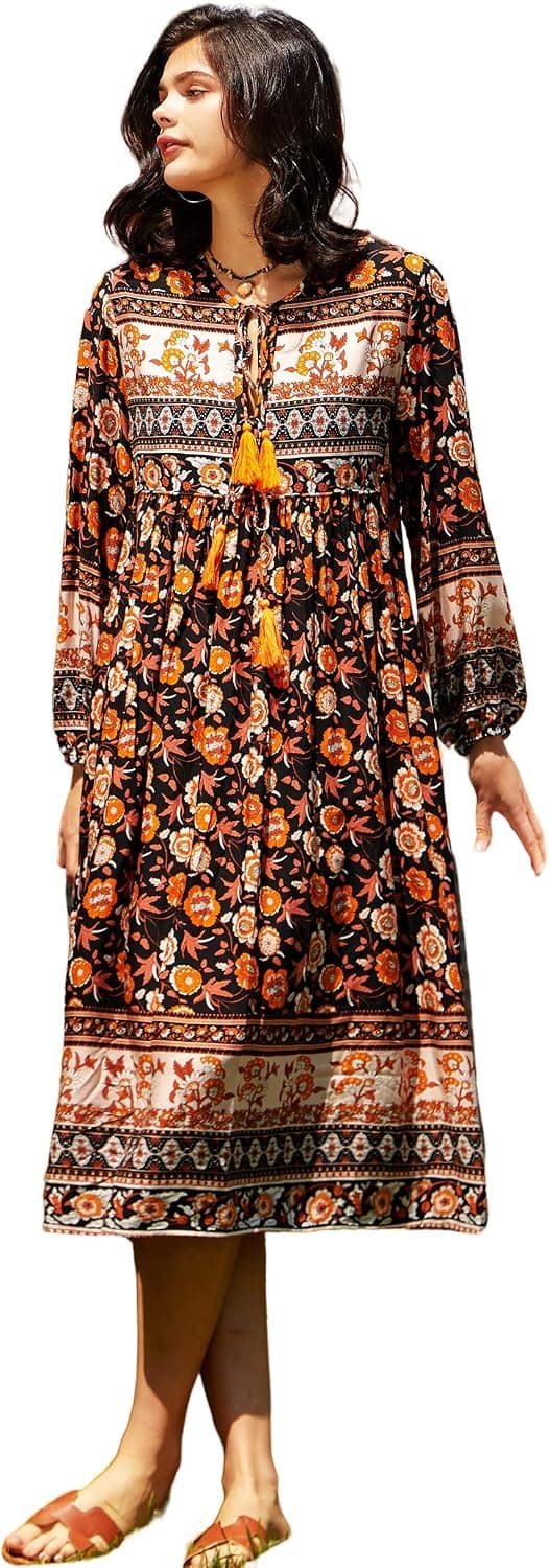 R.Vivimos Women's Long Sleeve Floral Print Retro V Neck Tassel Bohemian Midi Dresses