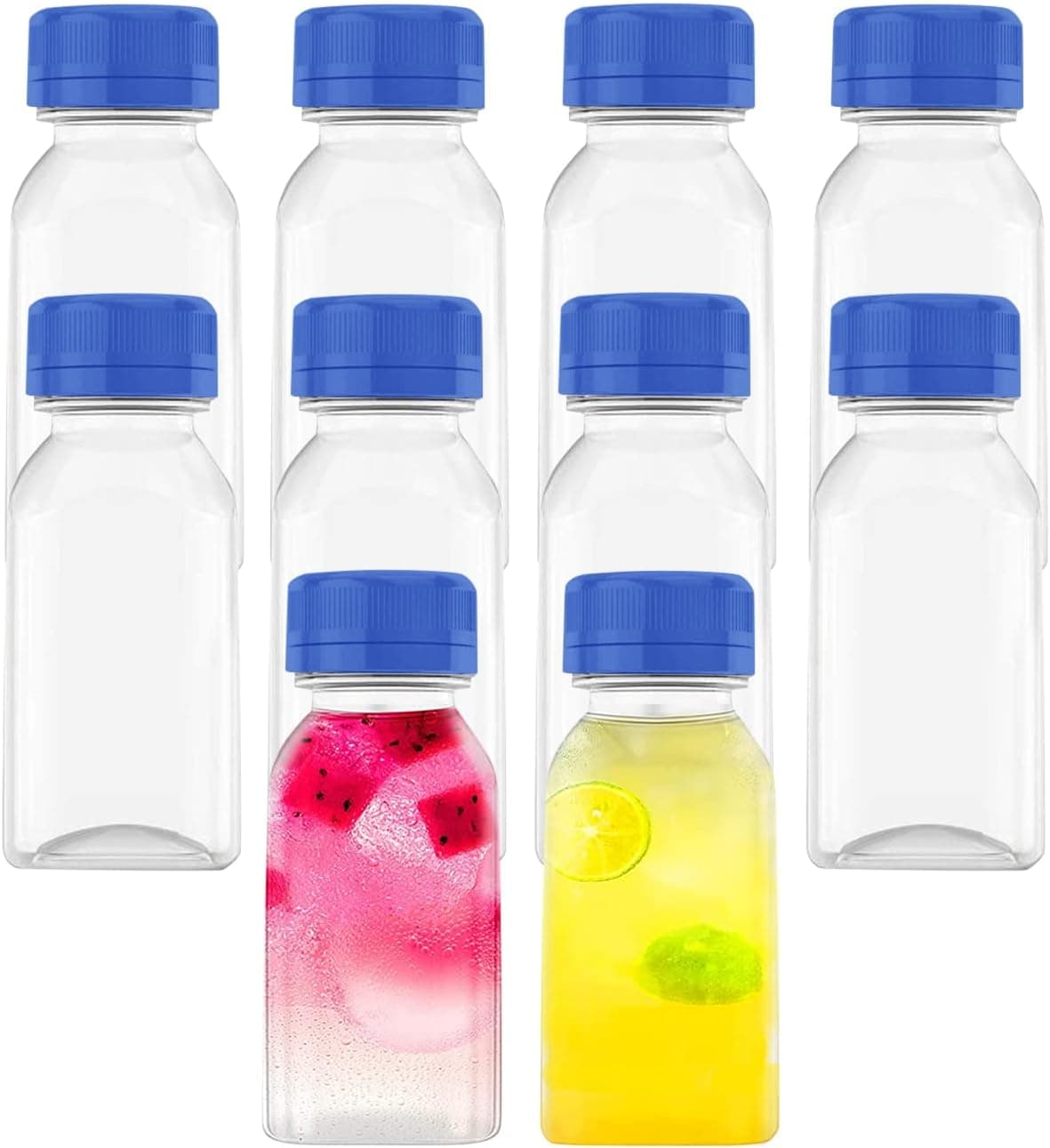 10 Pcs 4 OZ Plastic Juice Bottles, Reusable Bulk Beverage Containers, Comes blue lid, for Juice, Milk and Other Beverages.