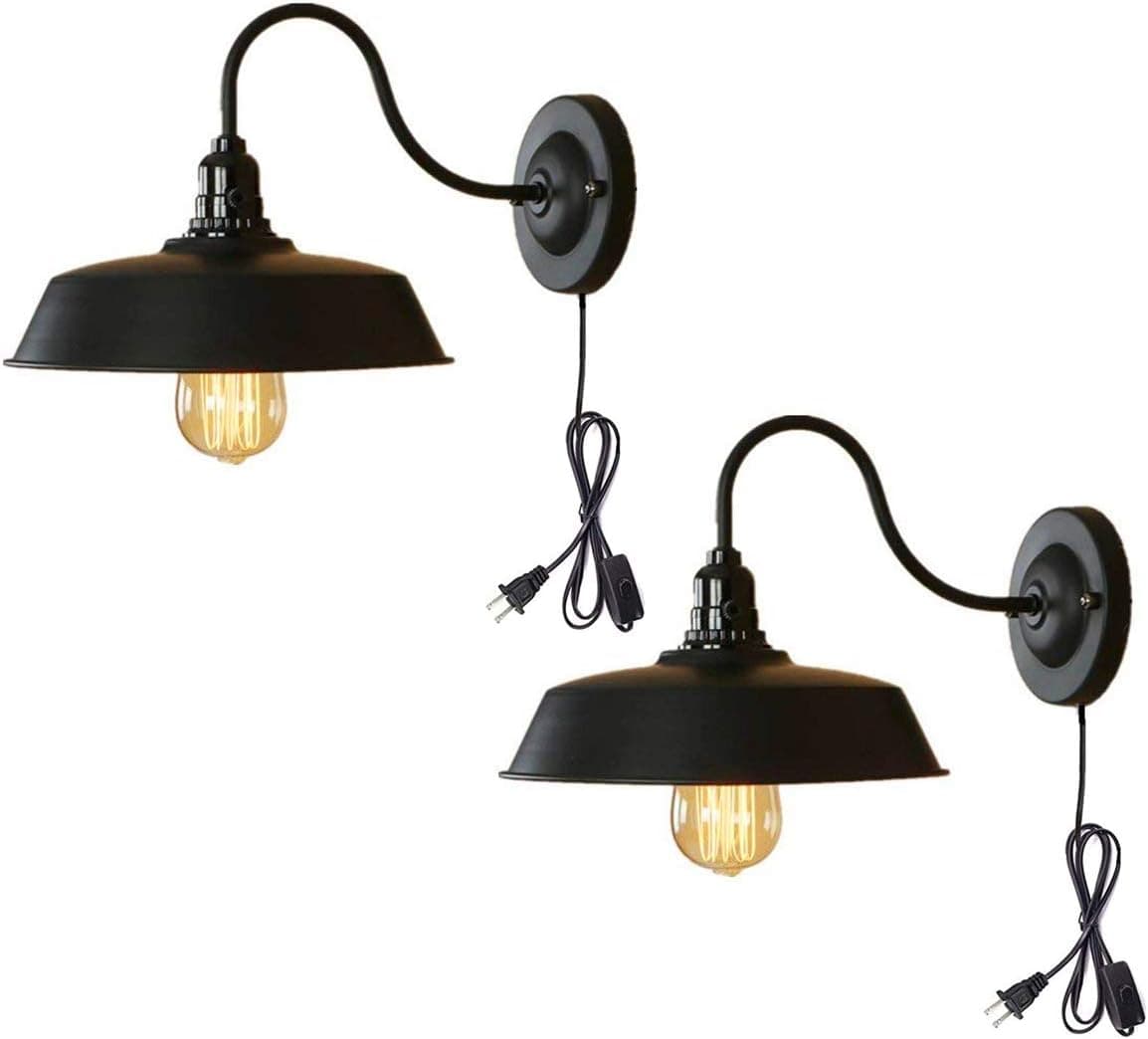 Wall Sconce Lighting Gooseneck Wall Lamp Black Industrial Vintage Farmhouse Wall Light Fixtures Plug in Cord with On Off Switch E26 Base for Bedroom Set of 2 (2 pcs Plug-in Wall lamp)