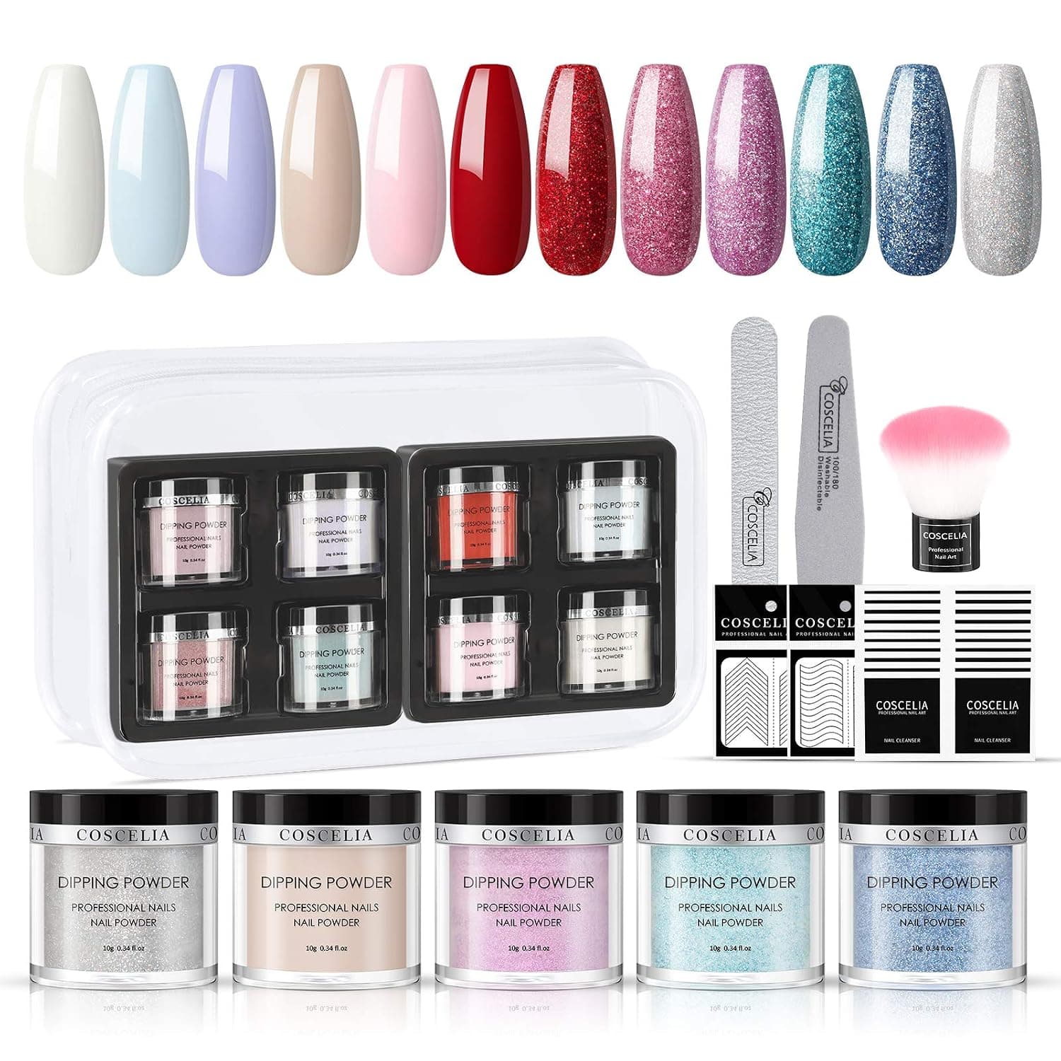 COSCELIA Dip Powder Nail Starter Kit 12 Winter Colors Dipping Powder with Manicure Tools Acrylic French Nails Files Brush Cleanser