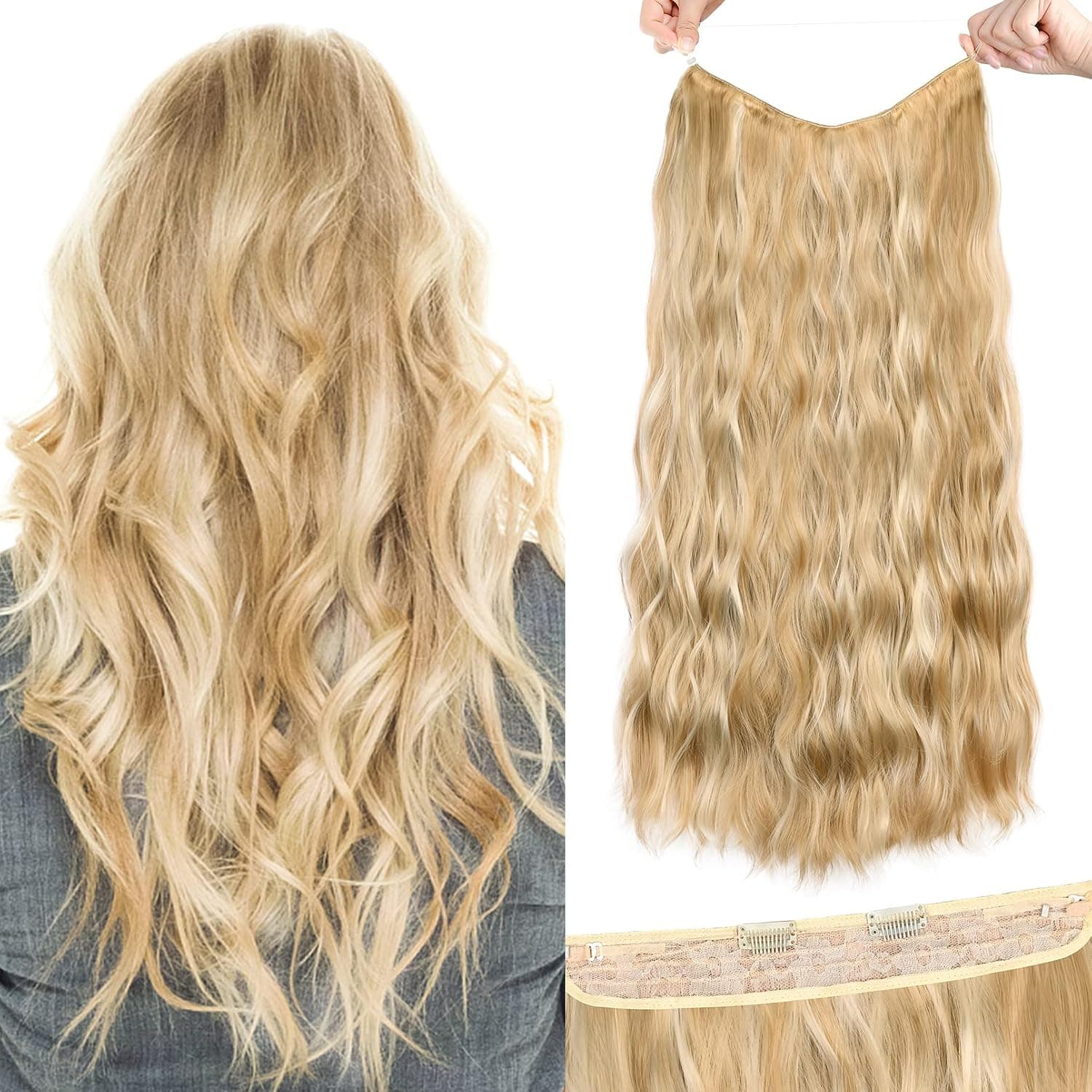 HOOJIH Wire Hair Extensions 3 Ways Adjustable Headband Size Curly Wavy Invisible Wire Hairpiece 24 Inch 150 Gram Invisible Secret Extensions for Women - 25XH613