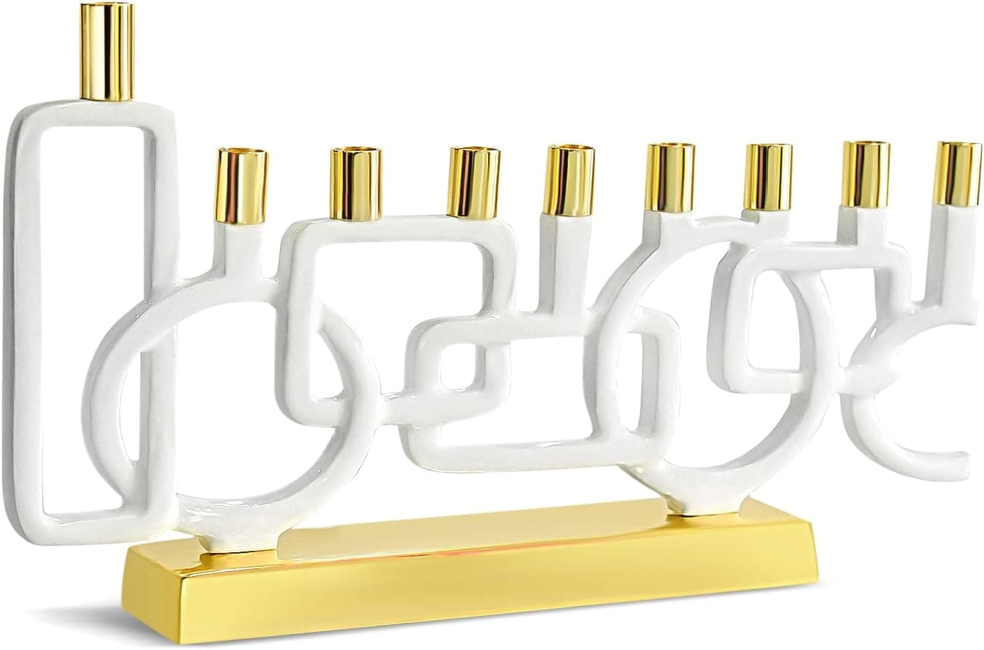 Zion Judaica Artistic Assorted Shapes Menorah - White Enamel with Shiny Brass Candle Cups