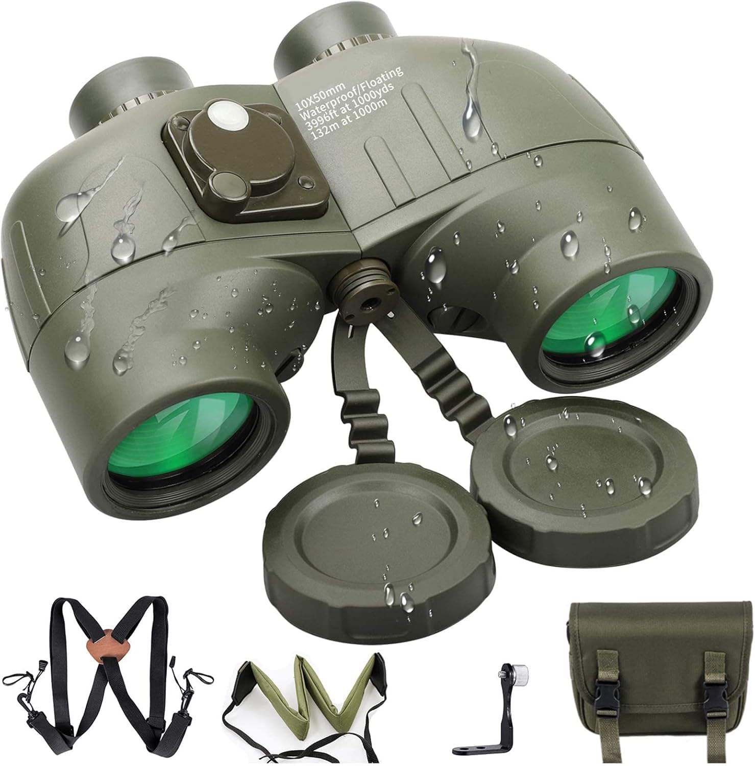 10x50 Binoculars for Adults Marine Hunting Rangefinder Built-in Compass with Harness Strap, Professional Waterproof Long Distance Telescope Birding BAK4 Porro Prism