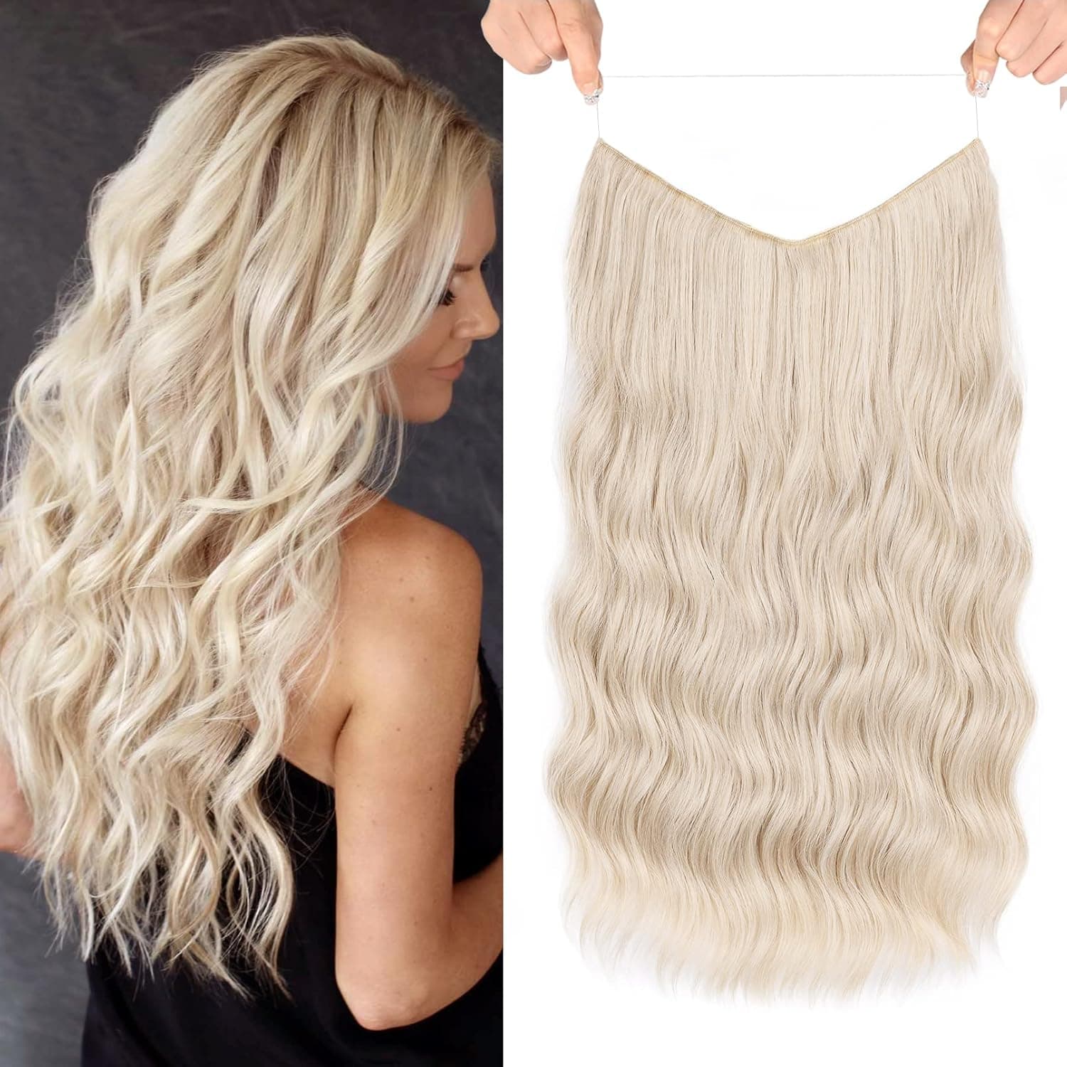 SEIKEA Invisible Wire Hair Extensions with 2 Removable Clips Adjustable Transparent Secret Headband Long Wavy Curly Synthetic Hairpiece for Women 20 Inch 130 Gram Cool Platinum Blonde