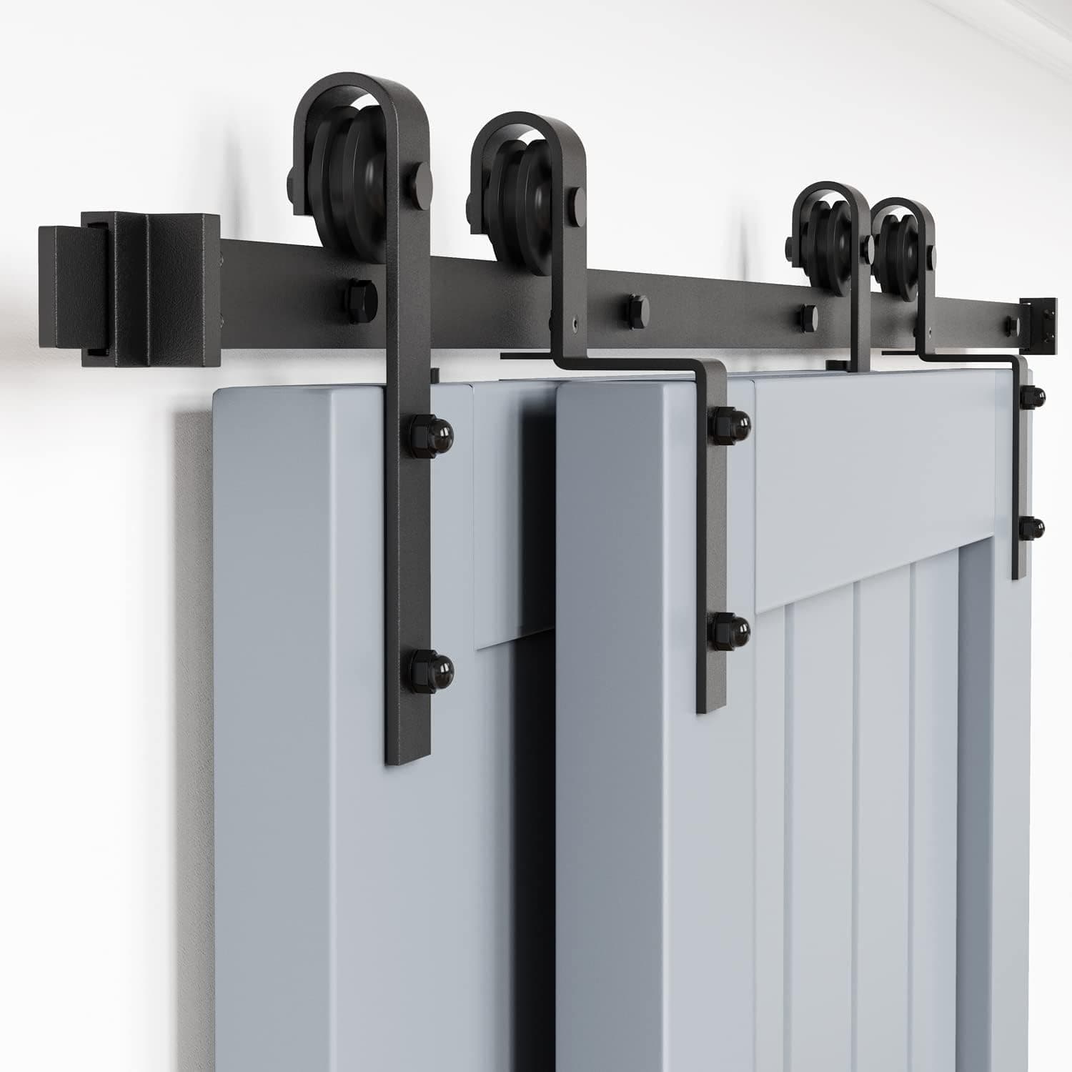 WINSOON 8FT Single Track Bypass Barn Door Hardware Double Doors Kit, Heavy Duty Sliding One Track Antique Roller for Cabinet Closet Fit Double 48" Wide Doors