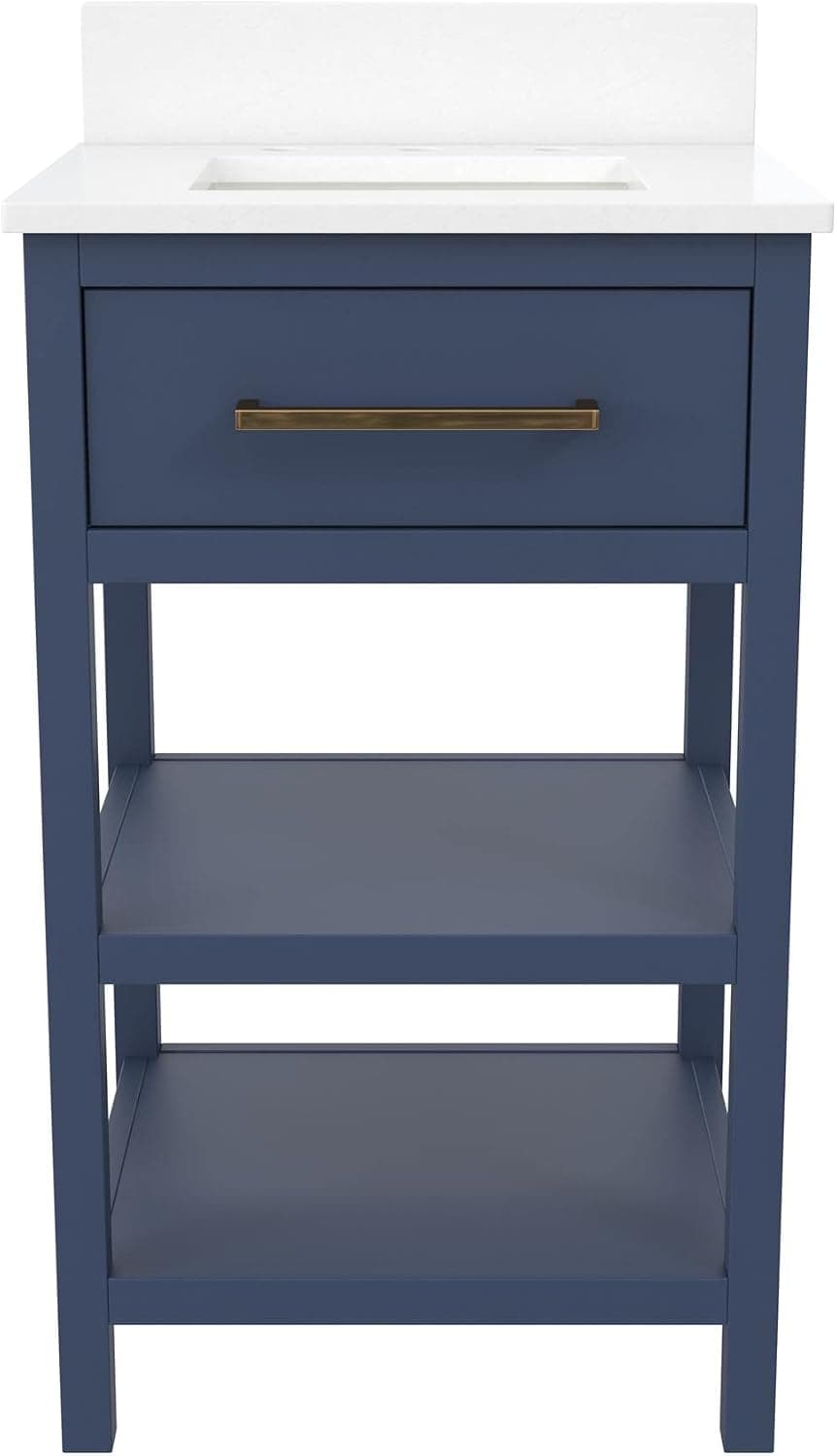 REALROOMS Pisa 20 Inch Bathroom Vanity with Carrera Countertop & 2 Storage Shelves, Navy Blue