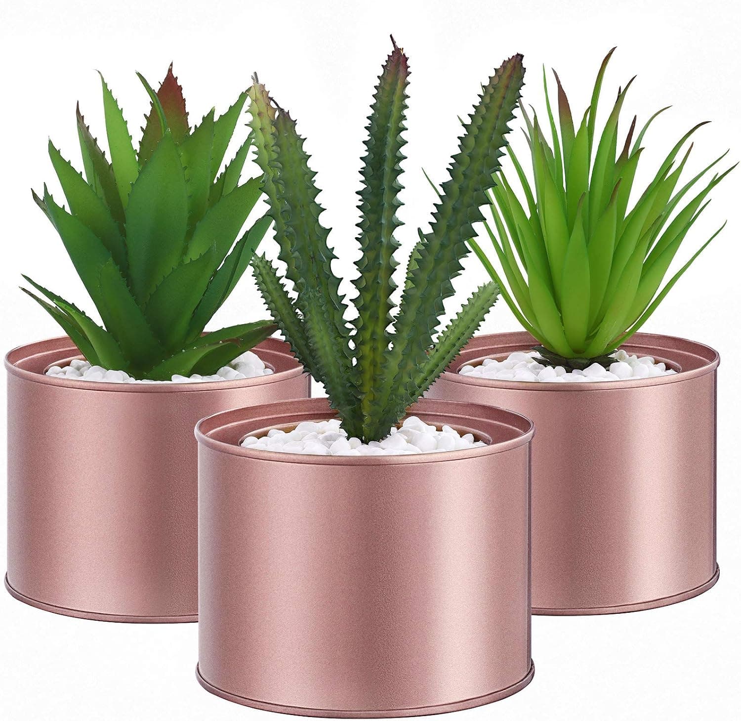 SONGMICS Set of 3 Potted Artificial Plants, Fake Houseplants, Decorative Plants for Living Room, Office, Bookcase, Table Decoration, Rose Golden Pots, Green Plants ULAP204A02