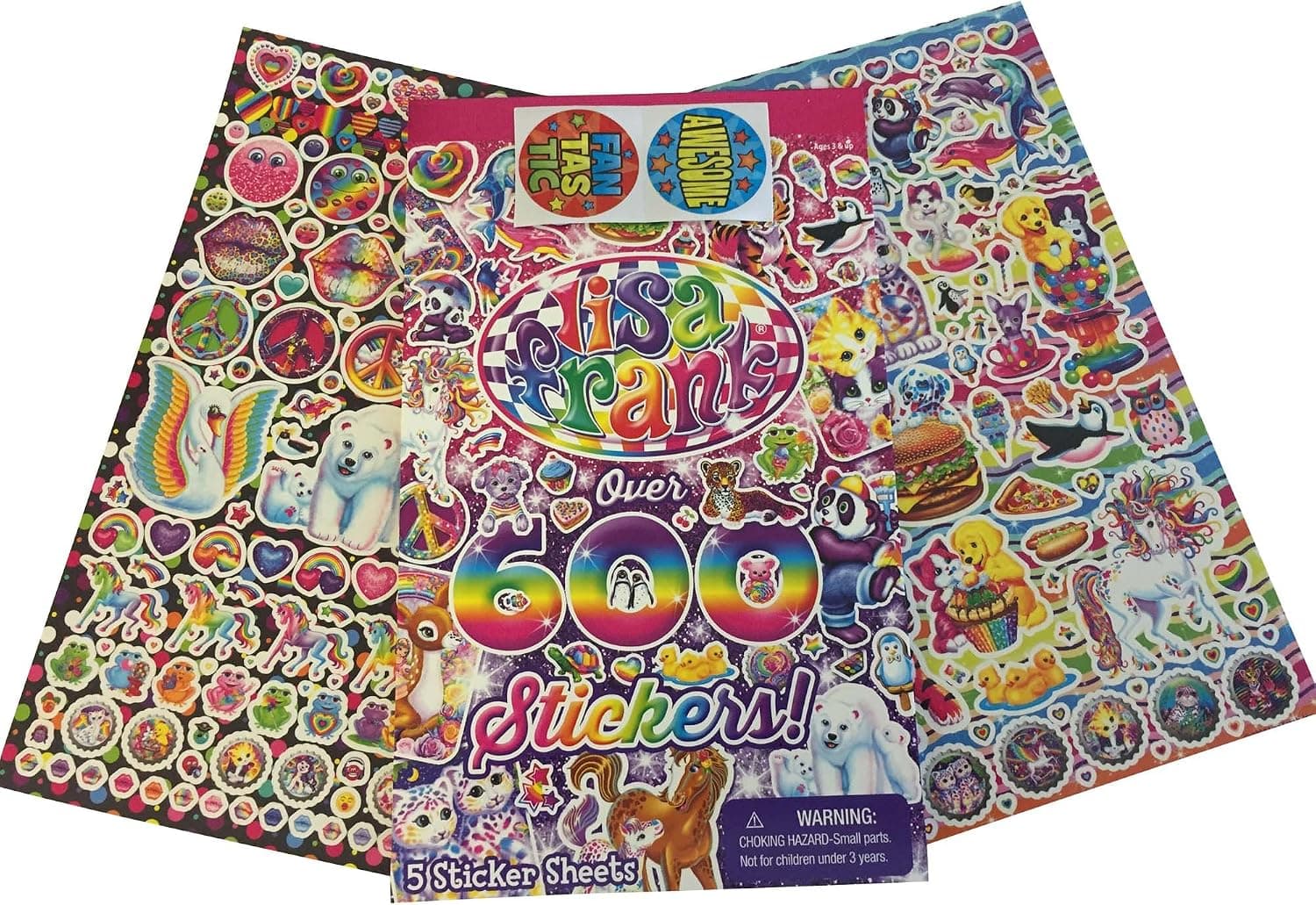 Lisa Frank Stickers ~ Over 1200 ~ (2 pack of 600 Stickers) plus two bonus Motivational & Reward Stickers. Includes Majestic Unicorn, Fancy Feast Kitty, Dancing Dolphins, Hunter Leopard & More