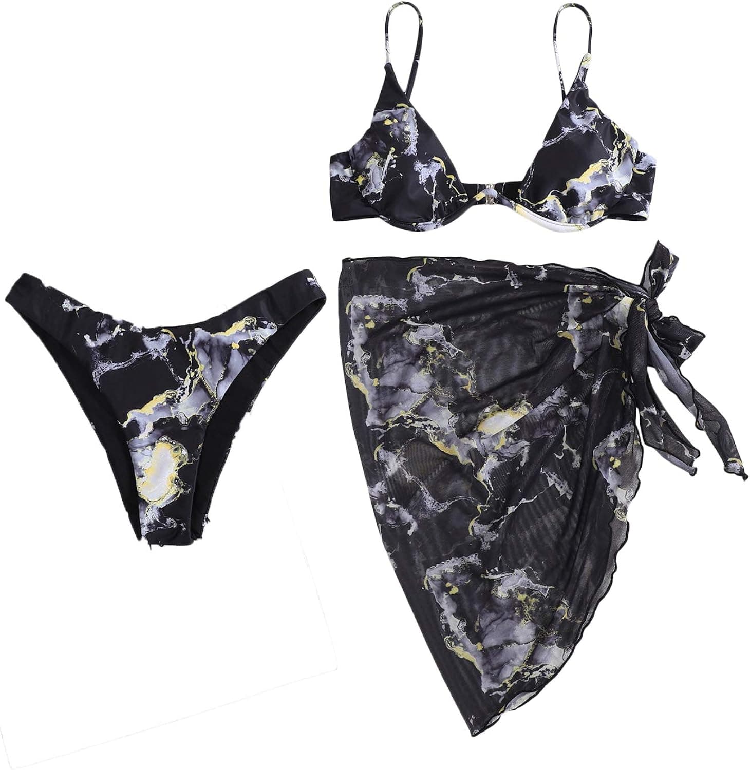SOLY HUX Women's 3 Piece Tie Dye Bikini Set Swimsuit with Sarongs Cover Ups Beach Skirt Bathing Suit Black Printed S