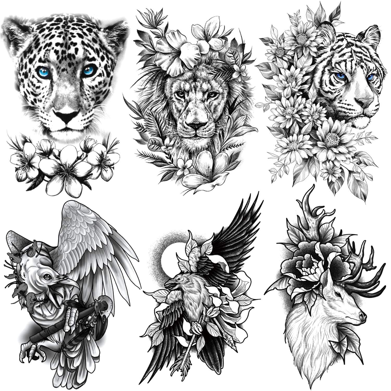 Kotbs 6 Sheets Black Tribal Realistic Animal Flower Temporary Tattoos for Men Women, Waterproof Tattoo Stickers for Teens Kids 3D Lion Tiger Leopard Bird Deer Pattern