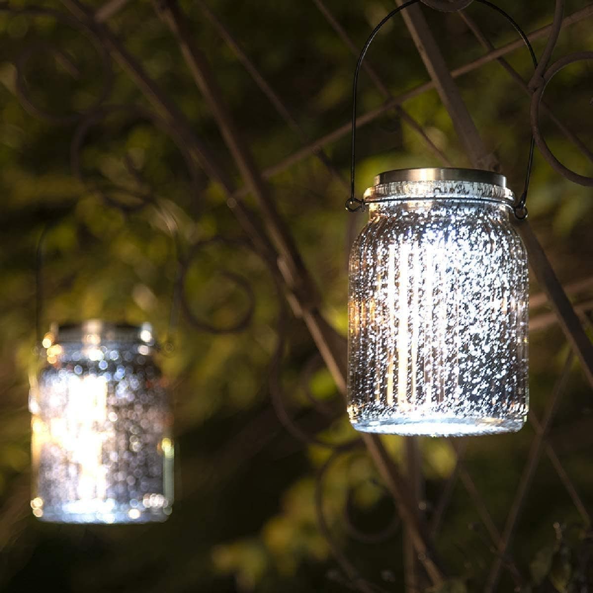 SOLPEX Solar Mercury Glass Jar Lights, 2 Pack Hanging Solar Table Lamps Indoor Outdoor Lights, Solar Mason Jar Hanging Lights Waterproof for Table, Garden, Patio, Lawn Decorations