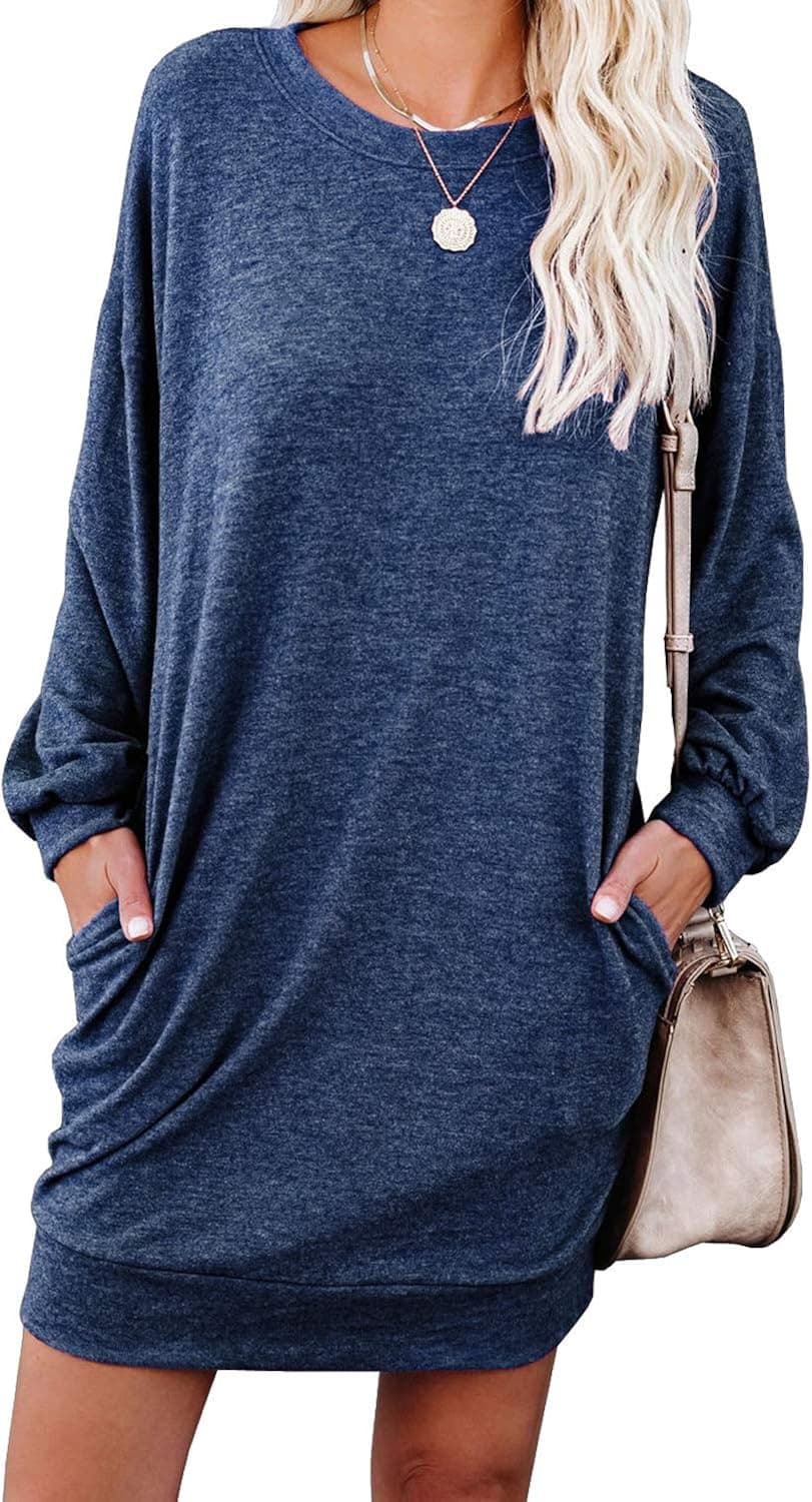 PrinStory Women's Long Sleeves Dresses Casual Loose Round-Neck Tuinc Tops Basic Dress with Side Pockets