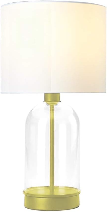 Cuaulans 16.15-in High Living Room Bedroom Glass Table Lamp, Bright Gold Cylindrical Side Desk Lamp with White Fabric Shade and Glass Body