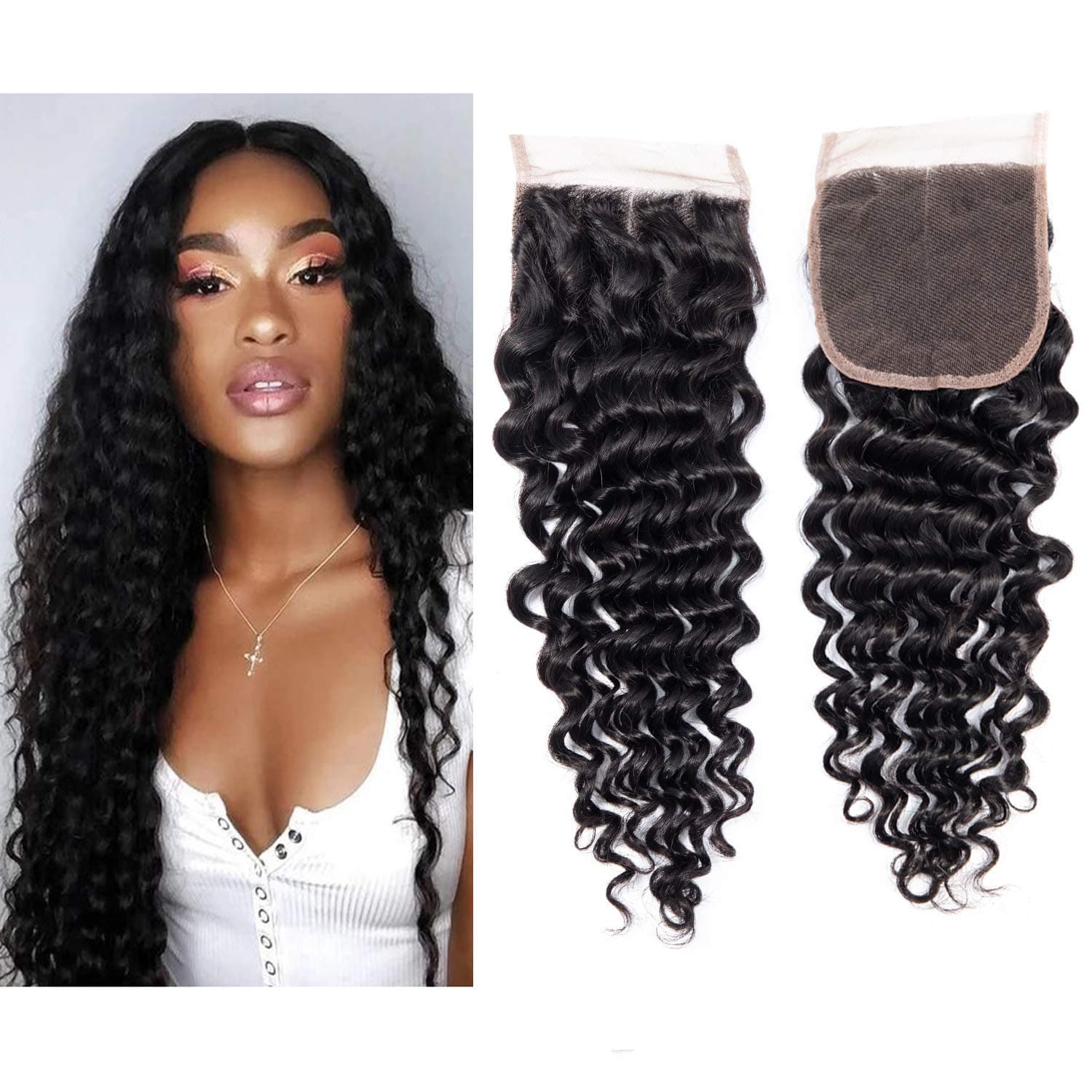 Deep Wave Human Hair Lace Closure 9A Brazilian Virgin Deep Curly Lace Closure Free Part Natural Color very soft(16inches)