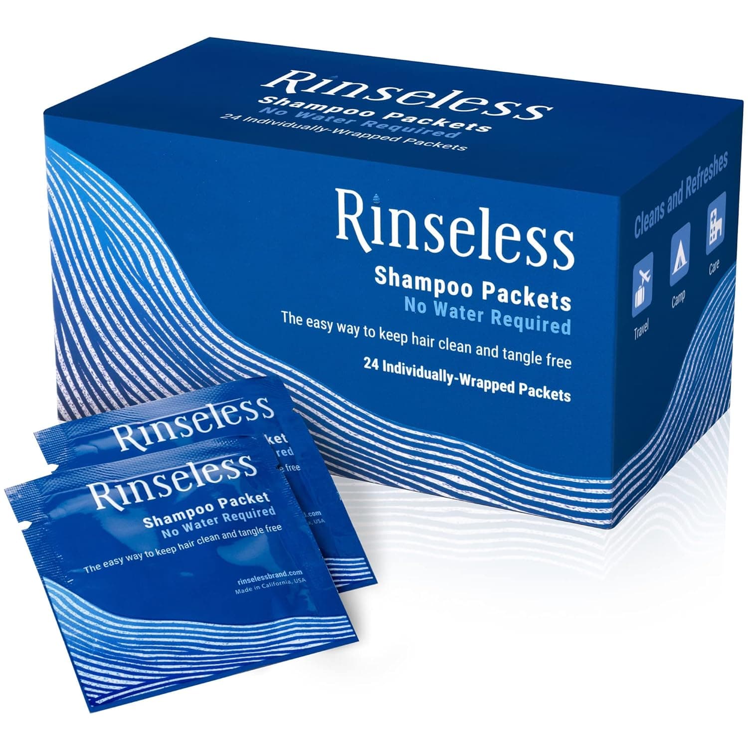 Rinseless Shampoo Travel Packets 24 ct, Individually Wrapped for Portable Use | Get Refreshed Clean Smelling Hair with No Water Rinse Needed - Great for Elderly, Surgery Recovery, Festival, Camping use