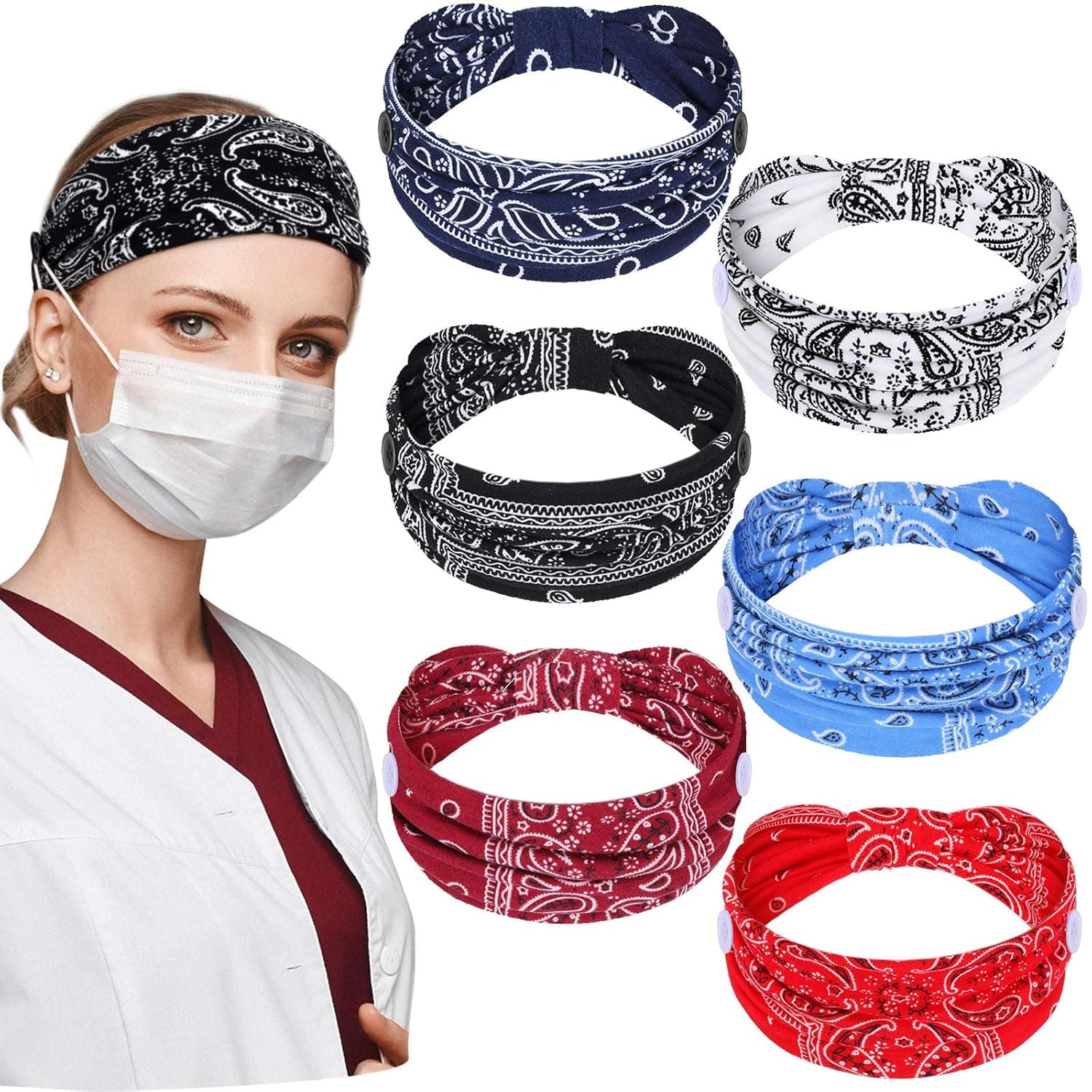 6 Pieces Nursing Headbands with Buttons for Nurses Doctor Women Boho Bandana Headbands Wide Stretch Head Wraps Elastic Hair Bands for Face Covering Holder Ear Protection (Classic Pattern)