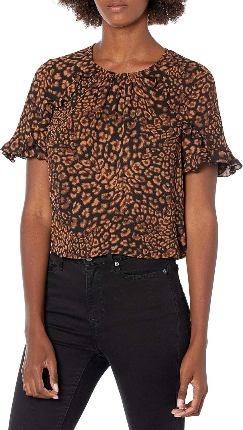 Lark & Ro Women's Georgette Half Sleeve Crew Neck Blouse with Ruffle Details