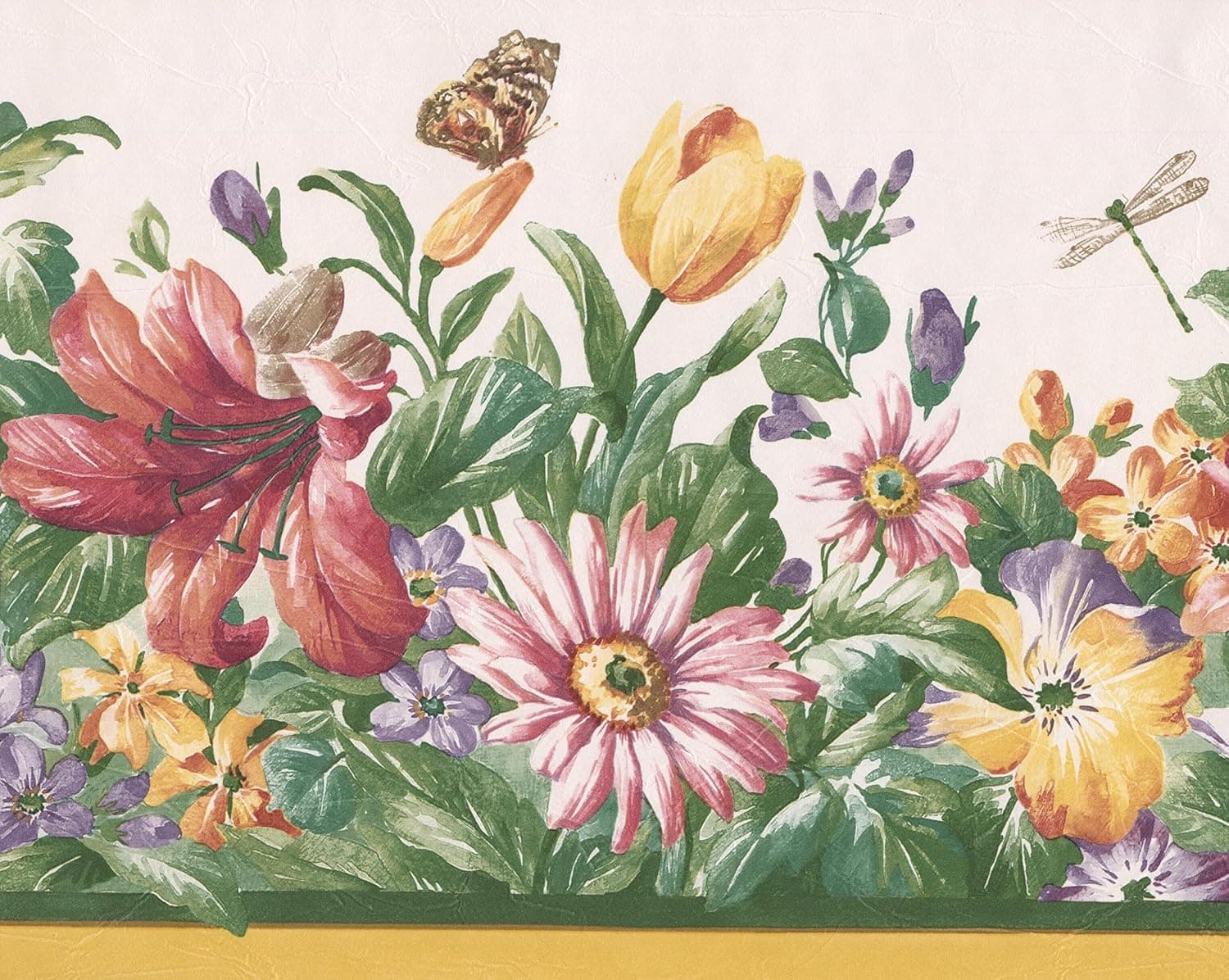 Red Yellow Purple Wildflowers Butterfly Dragonfly Nature Wallpaper Border Retro Design, Roll 15' x 8.5''