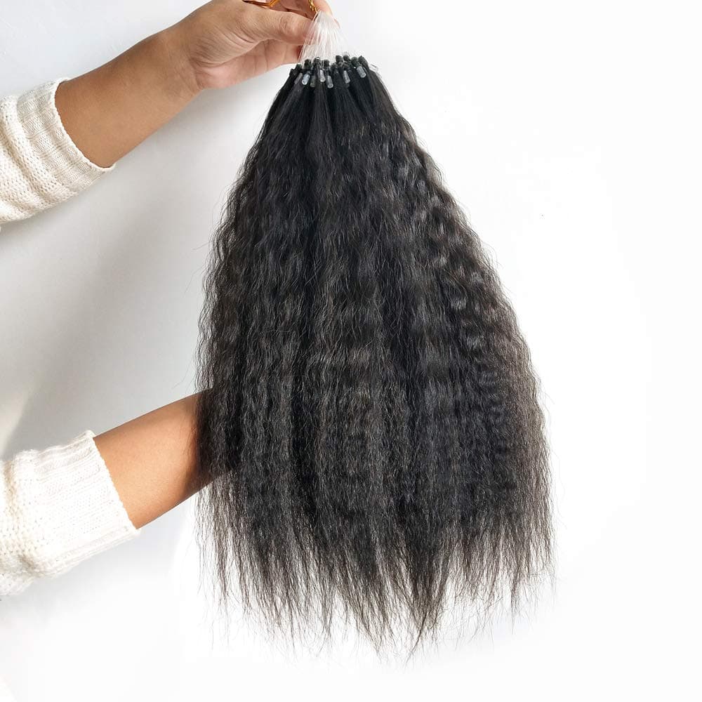 Kinky Straight Micro Loop ring Human Hair Extensions Kinky Straight Micro Link Human Hair Extensions 100g 1g/s 100s Natural Color 14 Inch