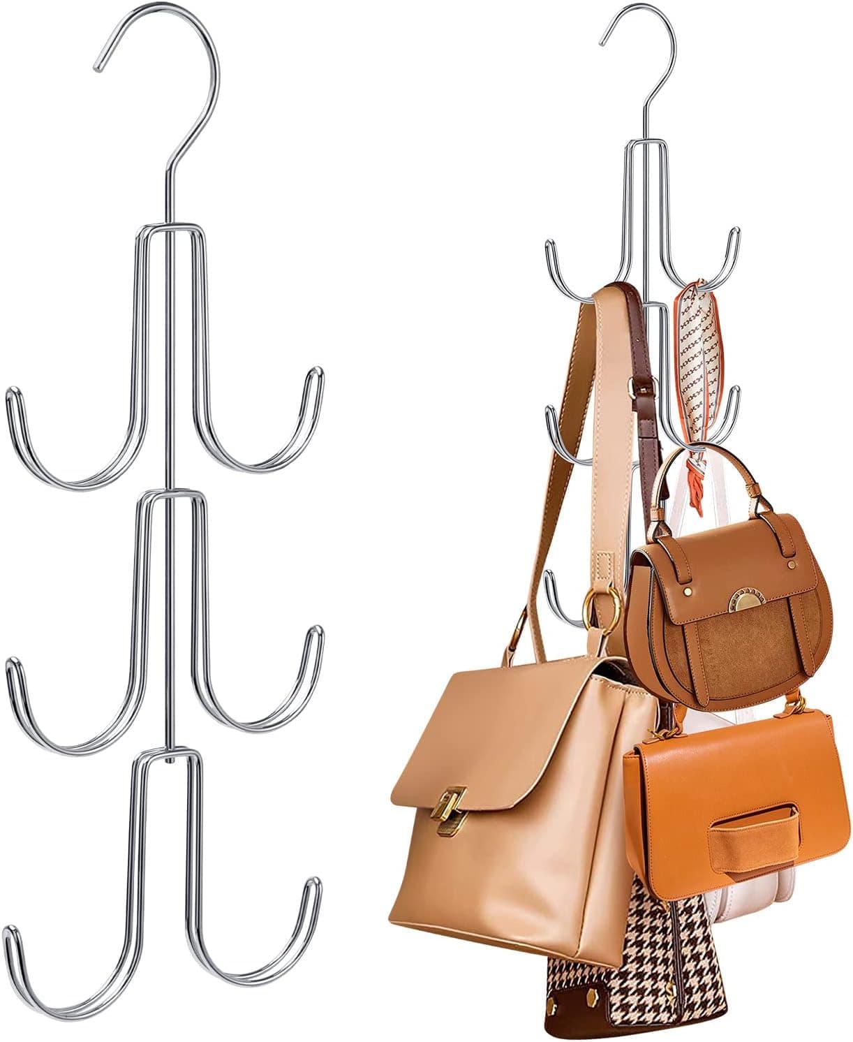 2Pack Purse Hanger Organizer for Closet Handbag Silver Metal Holder, Hanging Closet Organization Storage Scarves, Men's Ties, Women's Shawls, Backpacks, Belts, Accessories, Clothes (Silver)