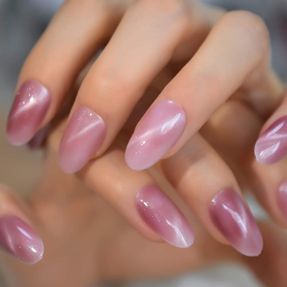 Fantasy Pink Cat Eye False Nails Medium Oval Top Galaxy Handpainted Artificial Acrylic Nail Art Tips Predesigned Ongles 24 Count
