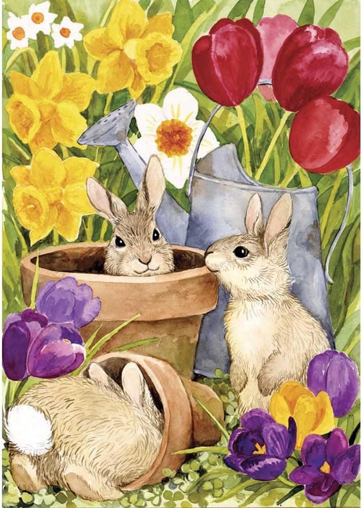 Bunnies in Flower Pots and Watering Cans 18 x 13 Rectangular Screenprint Small Garden Flag