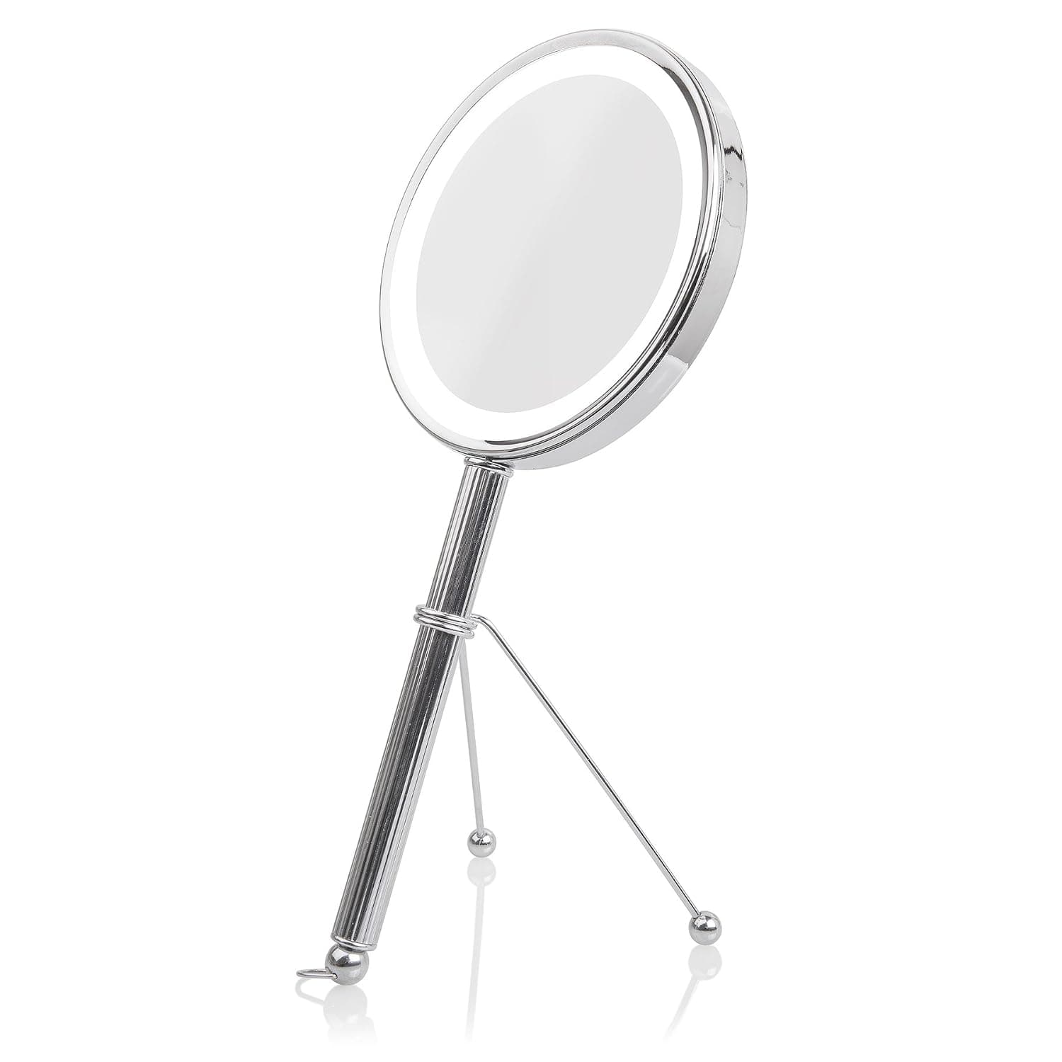 Jumbl™ Freestanding Lighted Personal Cosmetic Mirror w/10x Magnification on Flip Side – Powered by 3 AAA Batteries – Disassembles for Easy Storage & Travel – Chrome