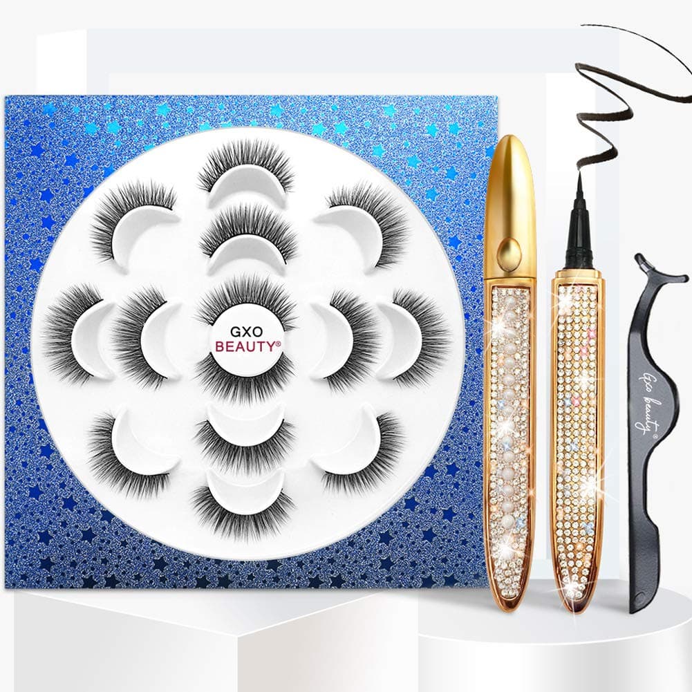 3D No Magnetic Eyelashes with Eyeliner Kit, 7 Pairs Reusable Lashes Natural Looking, 2 Waterproof Eyeliners with Tweezers, Without Magnets Eyelash and Eye Liner Set