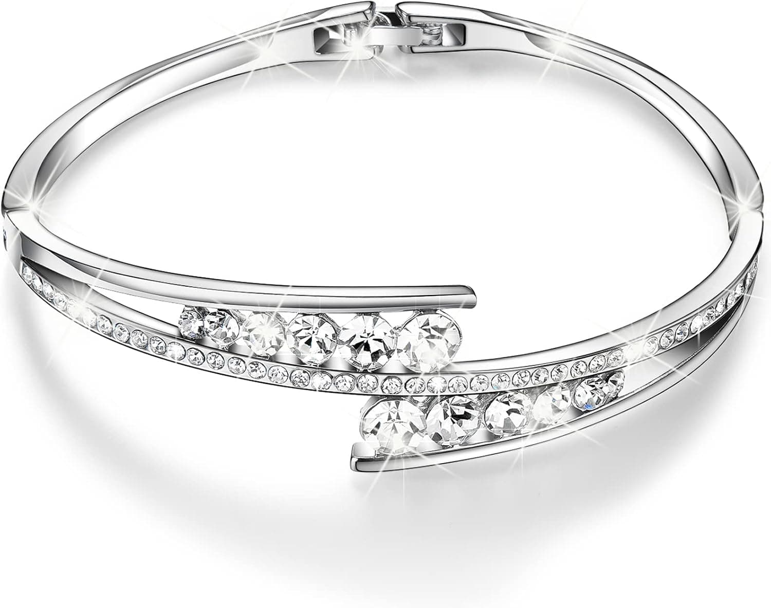 Menton Ezil Love Encounter Crystals Bangle Bracelets for Women White Gold Plated Adjustable Hinged Jewelry