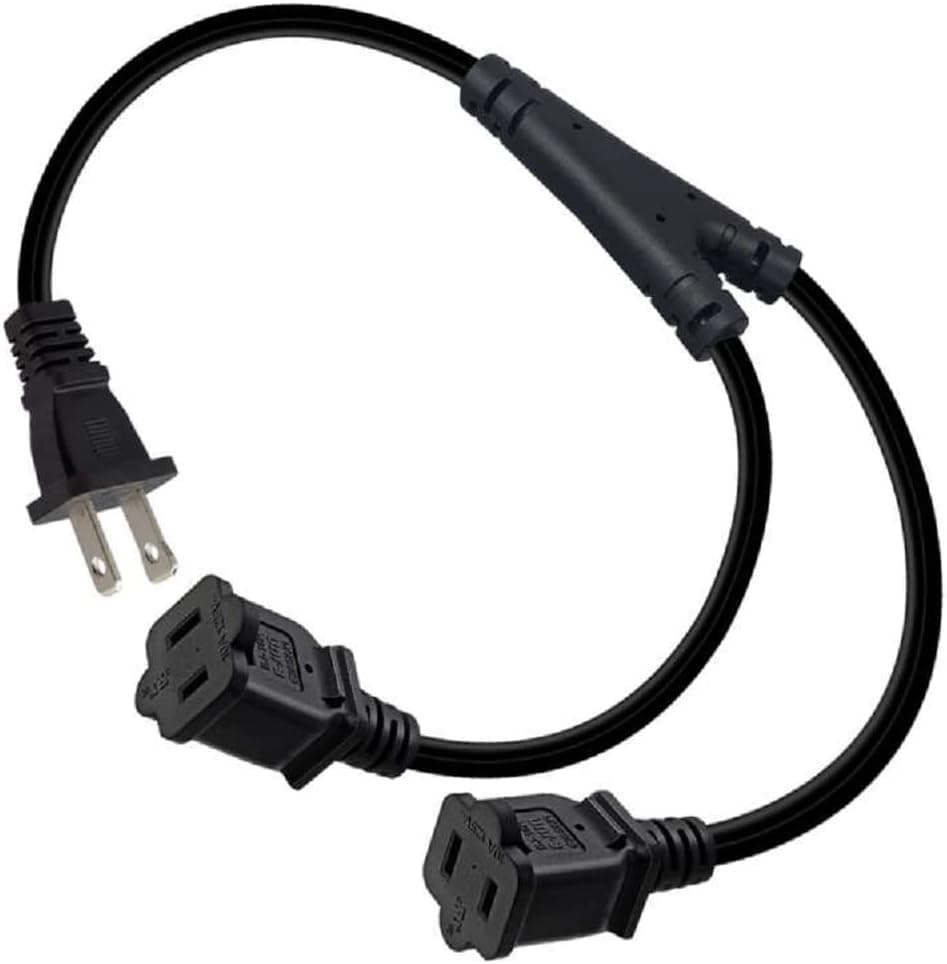 1-15P to Dual 1-15R Splitter Cord,2-Prong Extension Cord US AC 2-Prong Male and Female Power Cable SPT2 18AWG 10A/125V, 2-Outlet Saver Power Extension Cord Cable (1-15P to 2X1-15R, 2ft/0.6m)