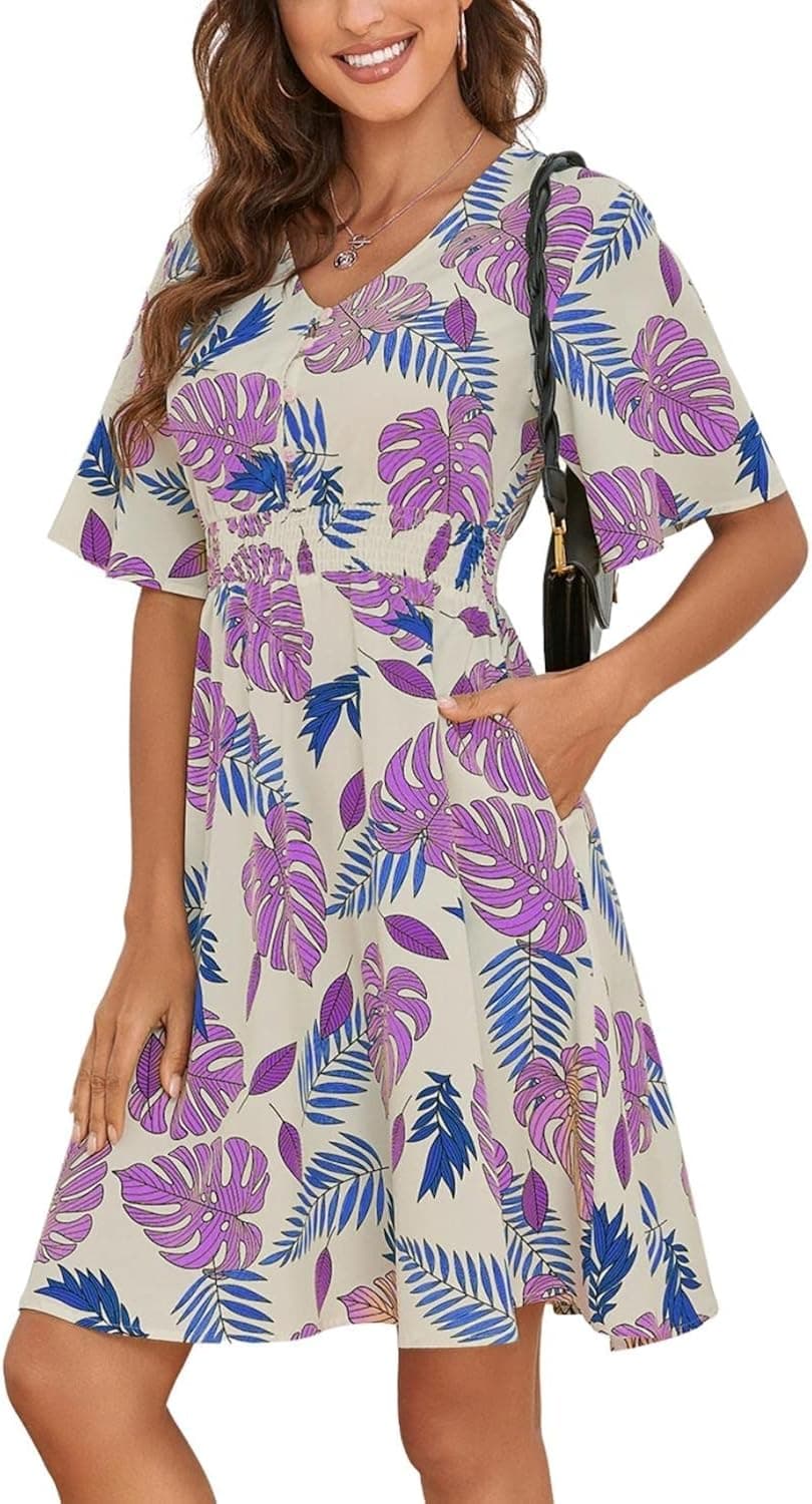 Raikamitu Women's Short Sleeve V Neck Cute Spring Dresses Summer Casual Floral Flowy Tropical Sundress with Pockets